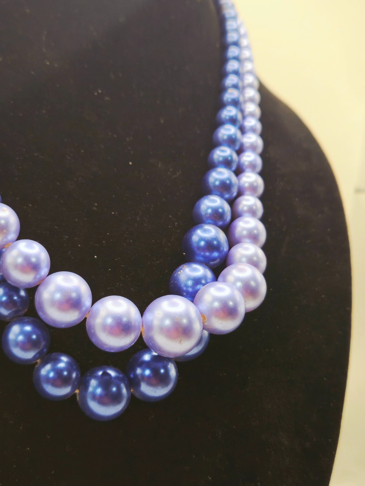 Vintage Double Strand Blue Faux Pearl Necklace Graduated Beads Hook Clasp