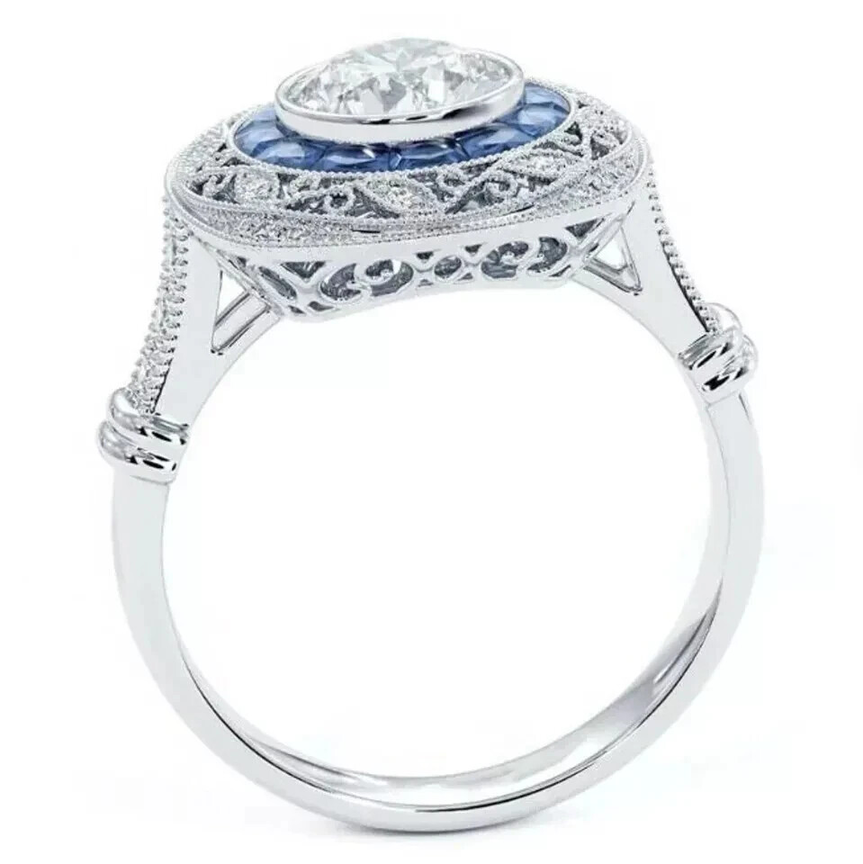 Art Deco Style Lab Created Diamond & Sapphire Wedding 14K White Gold Finish Ring