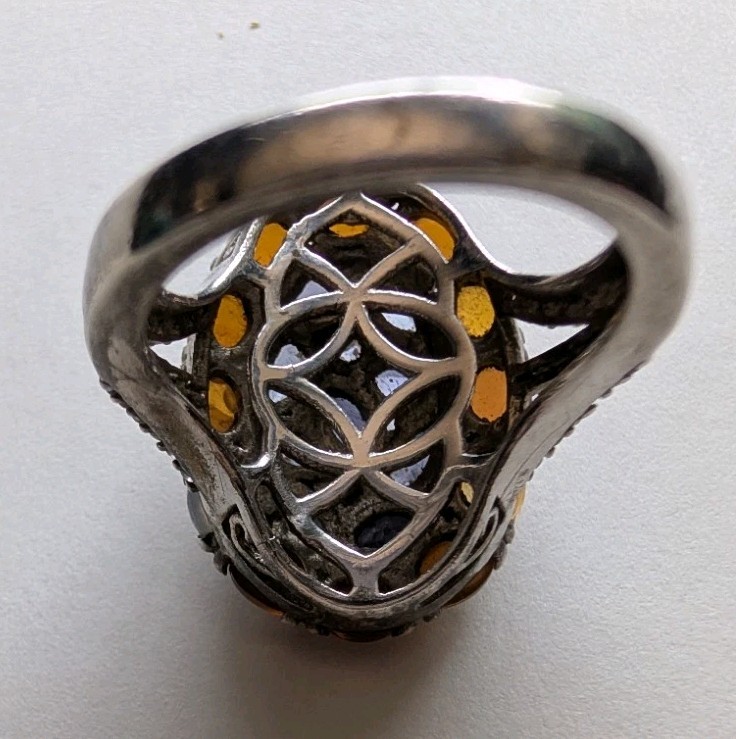 Sterling Silver Ethiopian Welo Opal & Iolite Cluster Ring With White Zircons