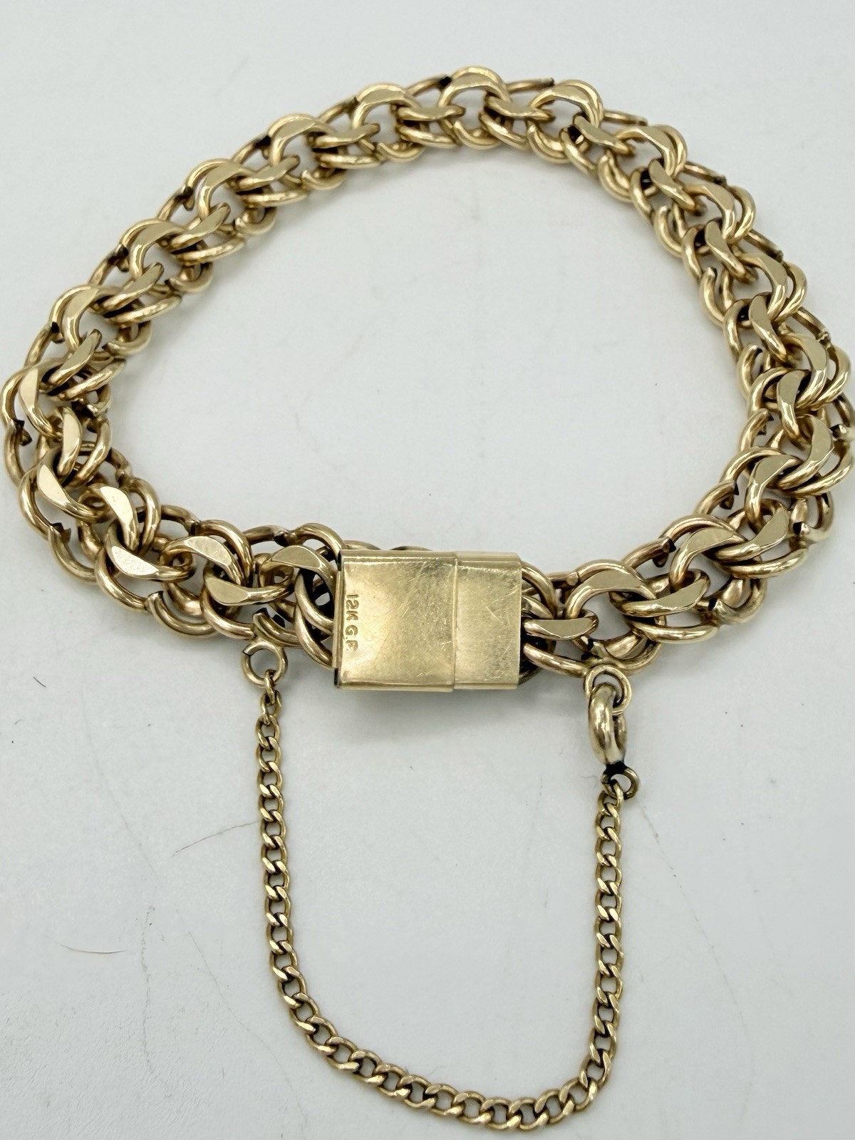 12K Gold Filled Vintage Double Link Charm Bracelet With Safety Chain 7.5in.