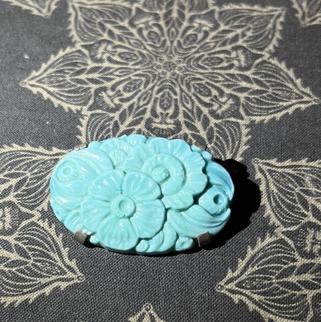Antique Made In France Brooch Pale Blue Floral Trombone Style Pin Back