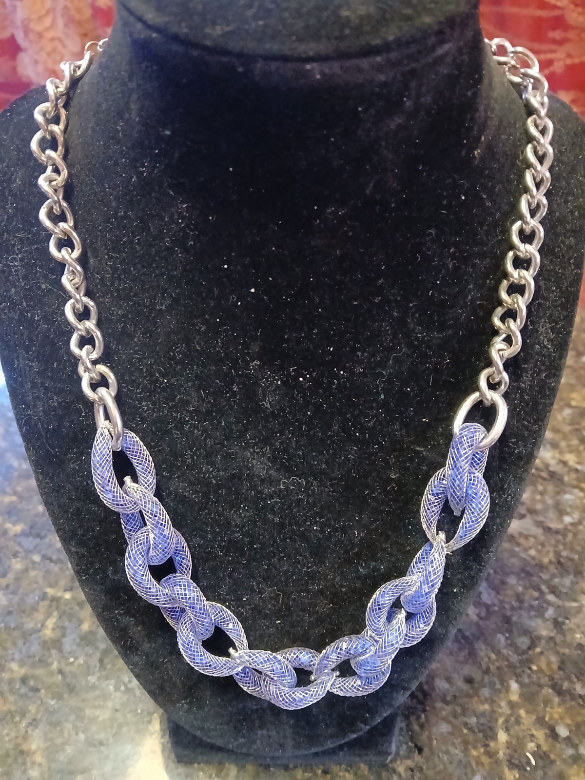 stainless necklace with blue thick chain wire on lower half
