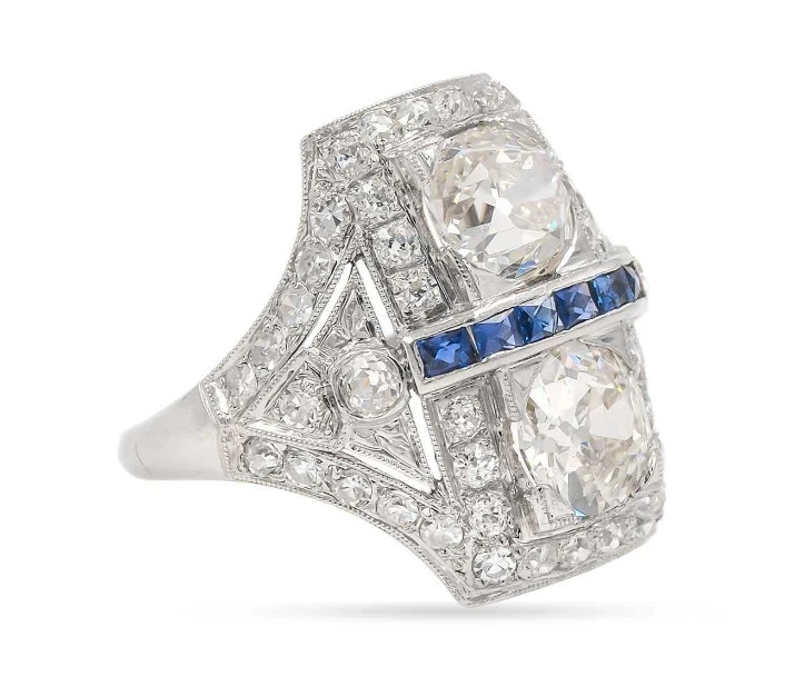 Art Deco Style 3Ct Lab Created Diamond &Sapphire Halo 14K White Gold Finish Ring
