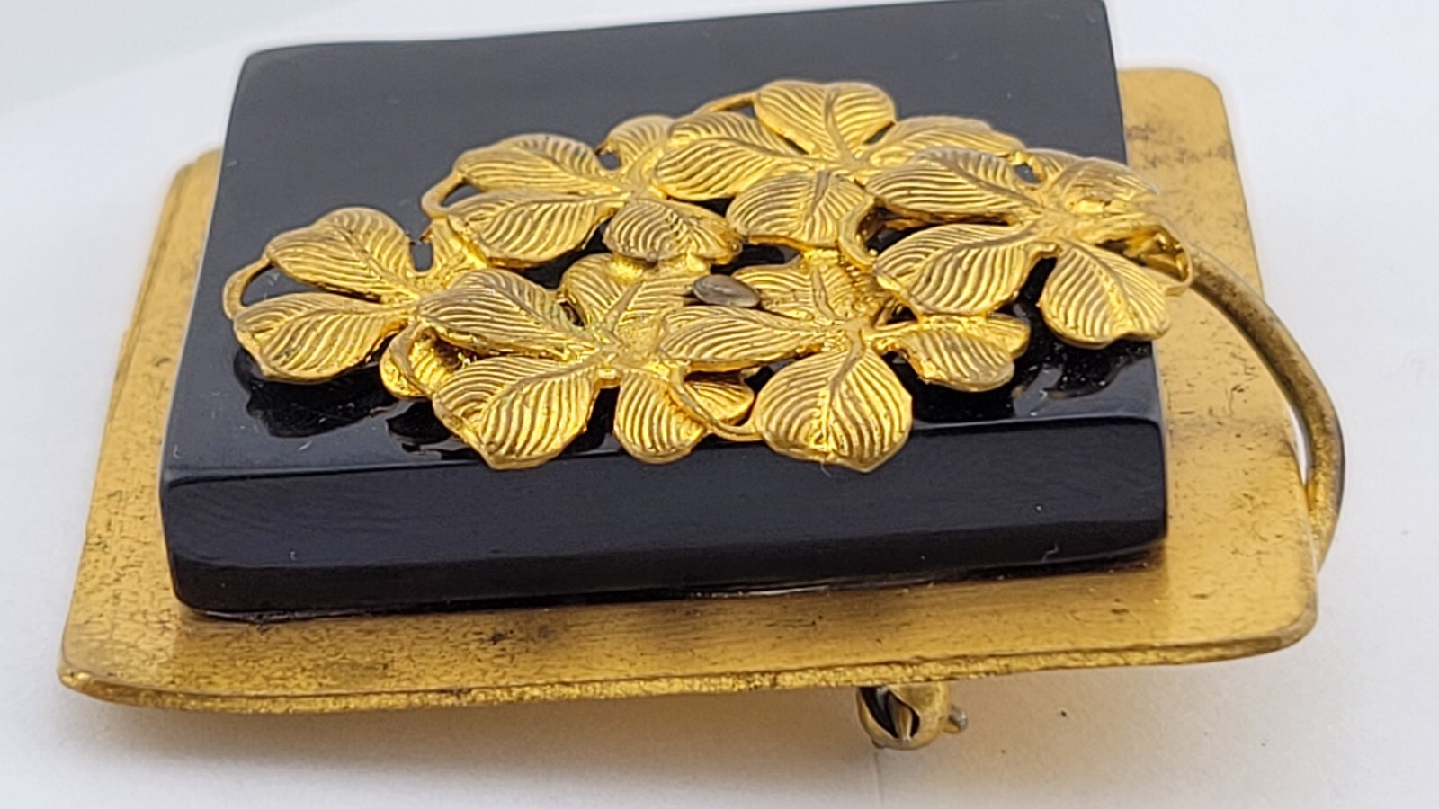 Antique Art Nouveau Gold over Brass Flower Black Glass Statement Runway Brooch