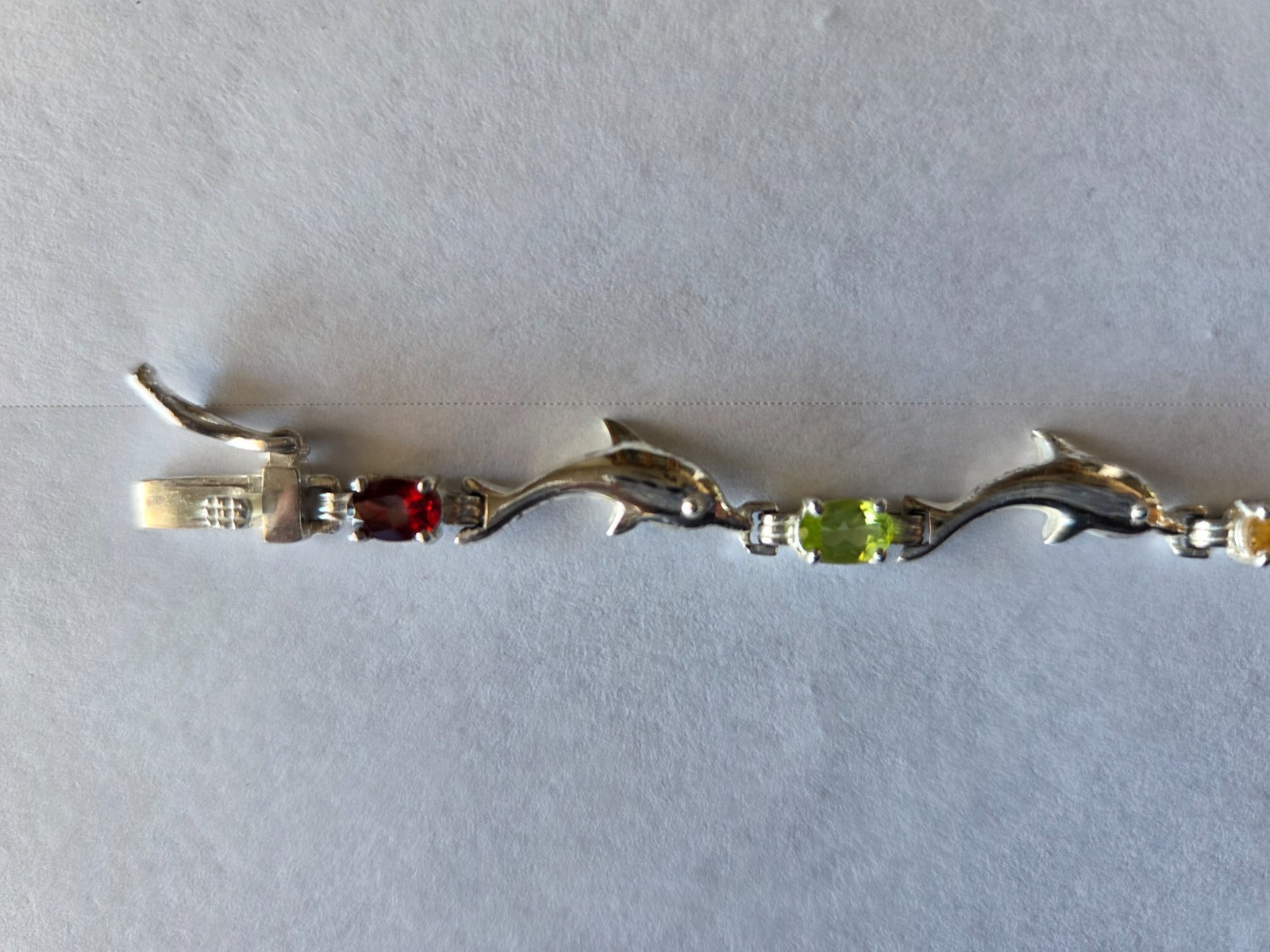 Sterling Silver Vintage 925 Dolphin Link Multi-Stone Bracelet