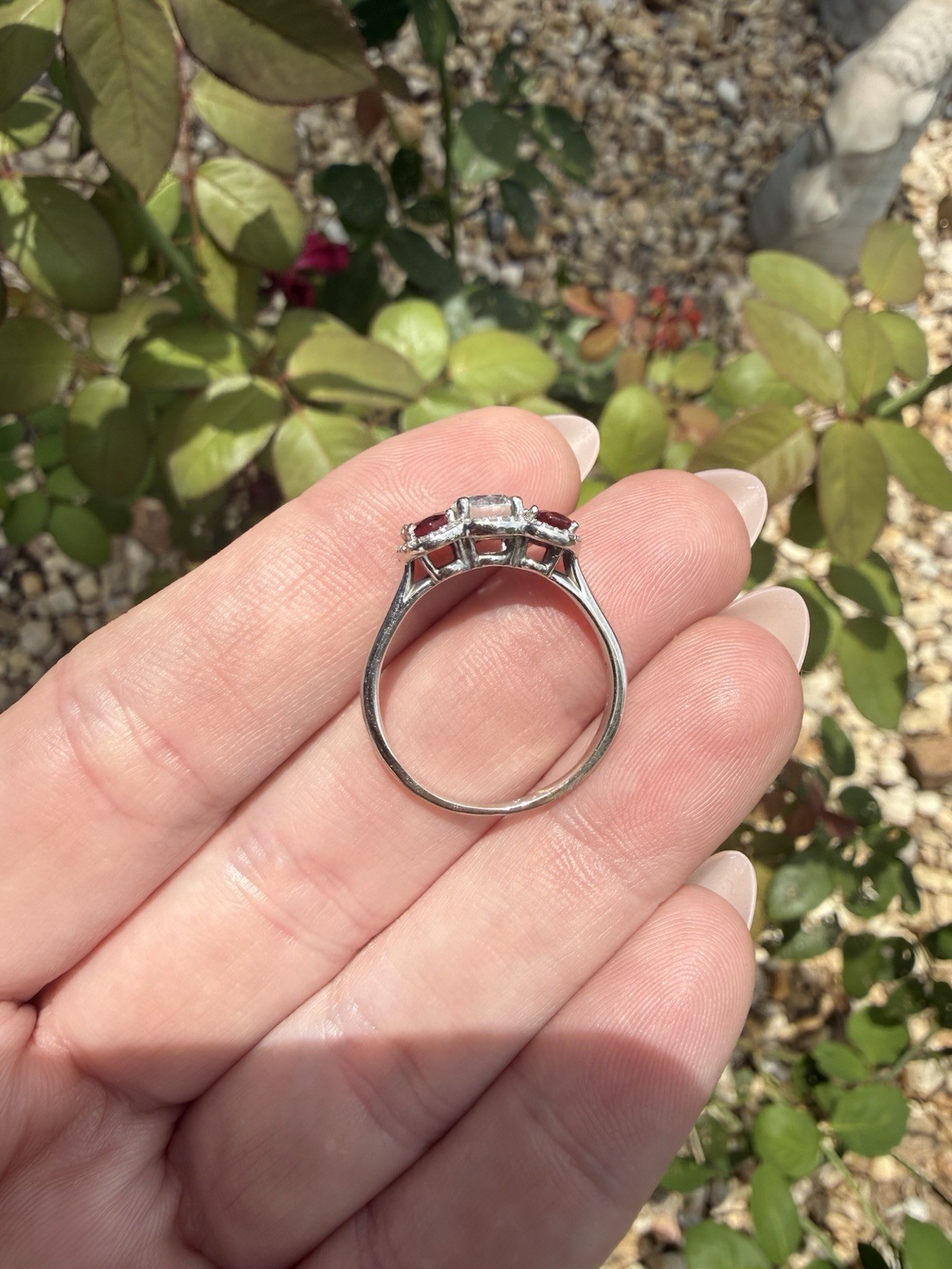 Natural Ruby & Diamond Three-Stone Ring | 14K White Gold | Halo Setting