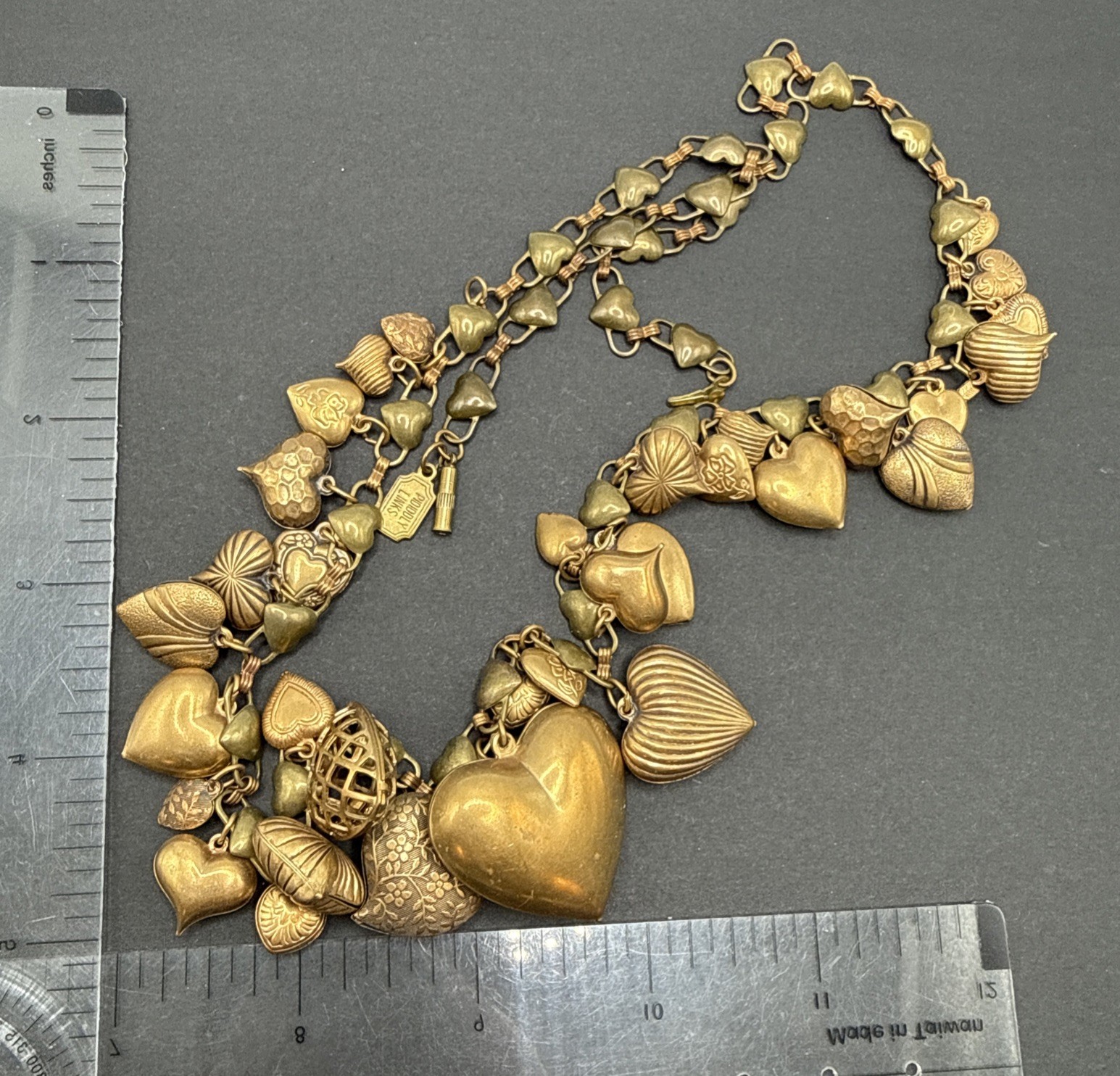 Pididdley Links Signed Loaded Heart Charm Necklace Gold Tone 24” C81