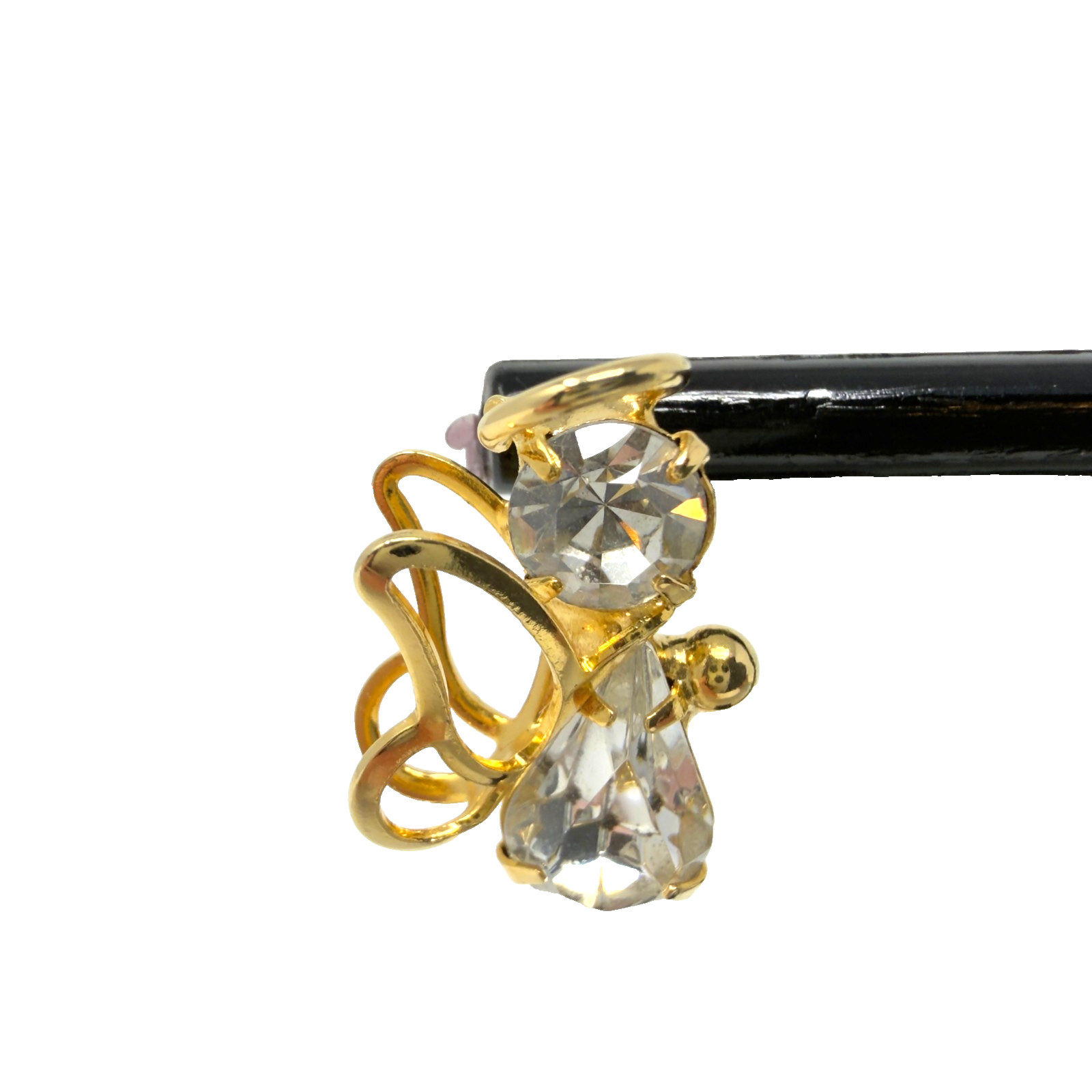 Vintage Gold Tone Angel Figure Lapel Pin Clear Crystal Accent 1 Inch