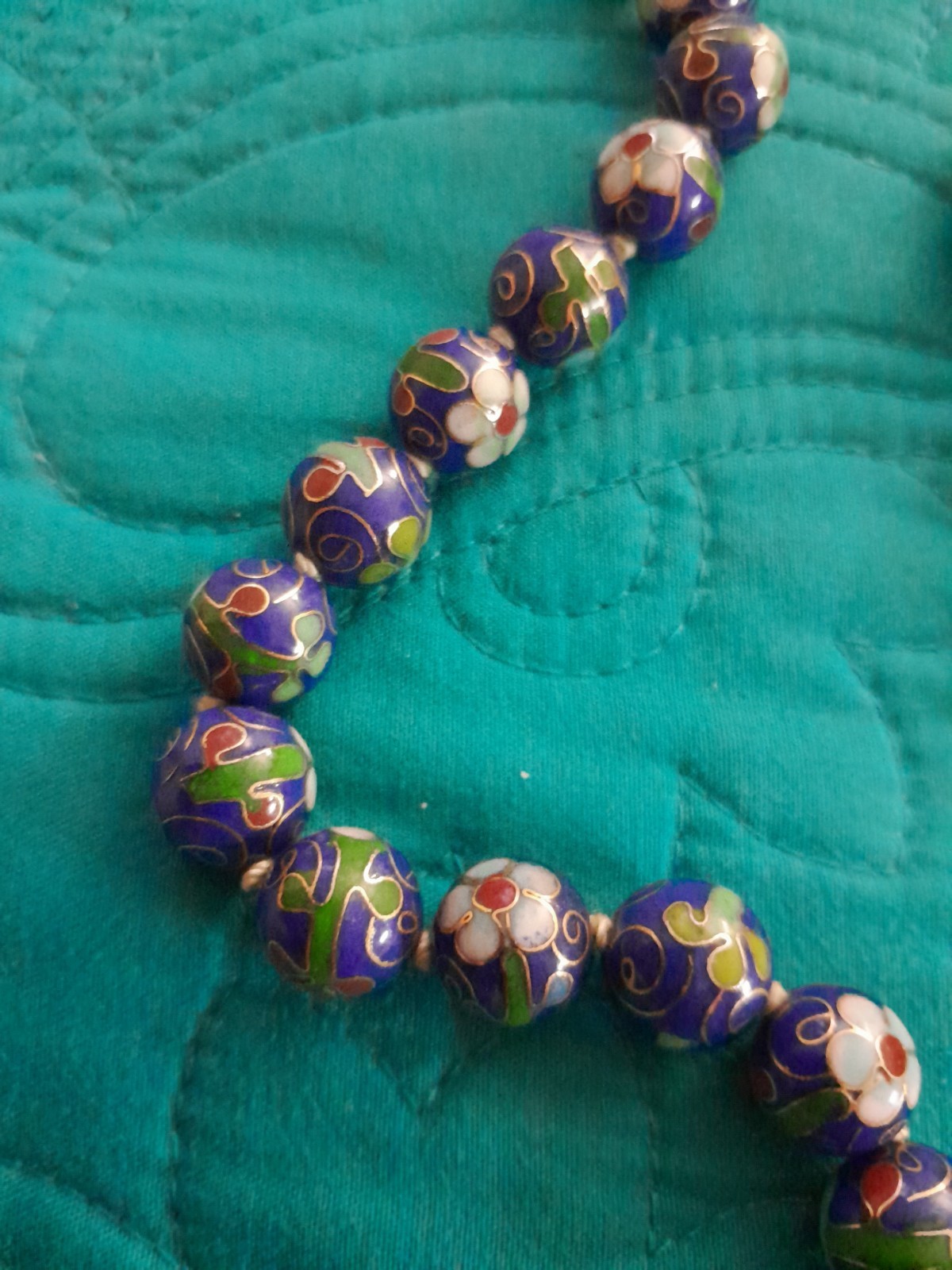 Vintage Chinese Export Cloisonne Blue Floral Enamel Beaded Necklace 19′