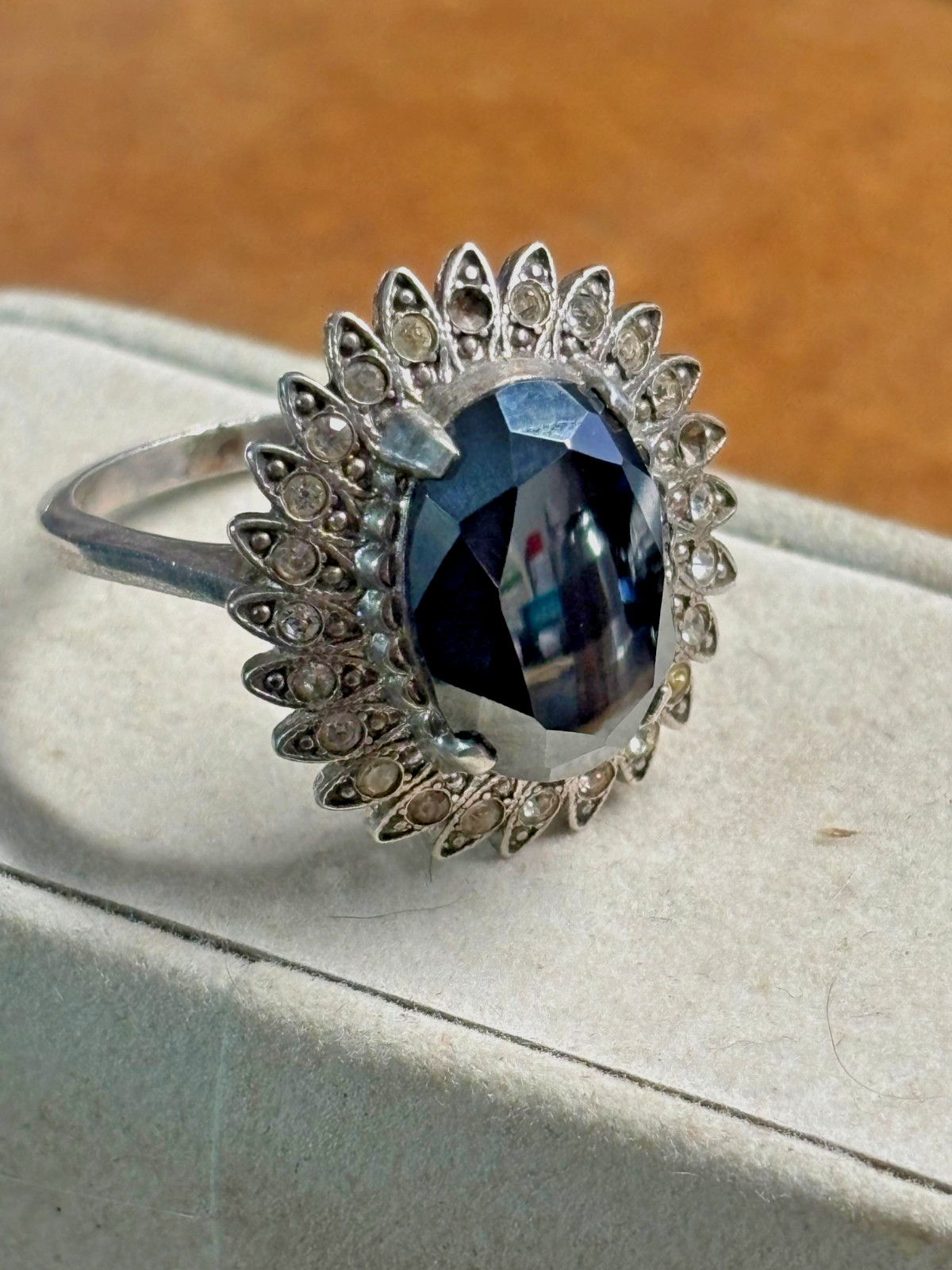 Vtg CLARK & COOMBS 925 sterling silver HEMATITE & Rhinestone COCKTAIL RING sz 8