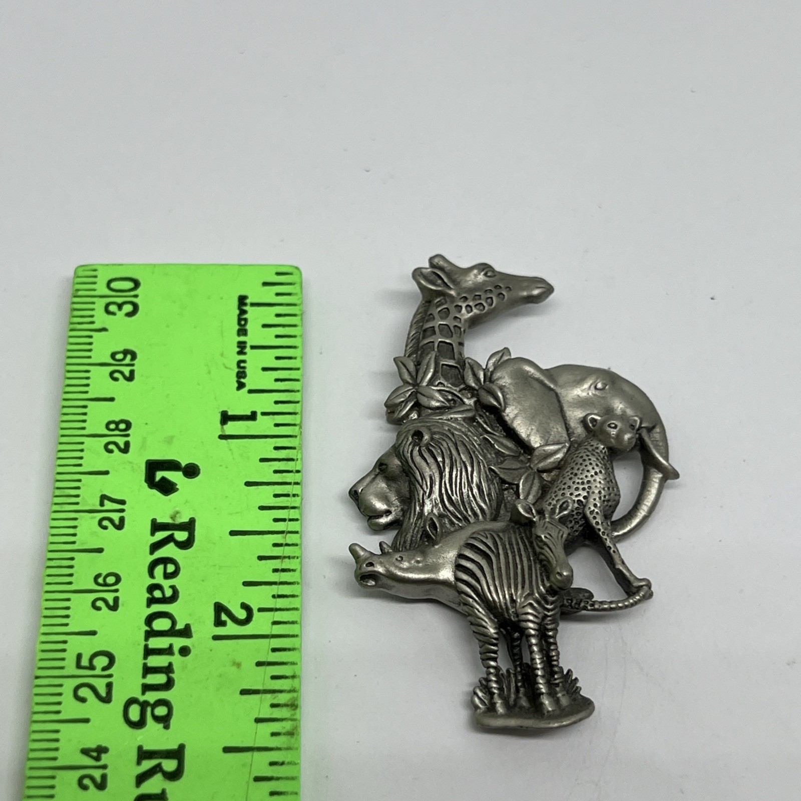 Animals Vintage Pewter Fable Brooch Pin Giraffe Zebra Lion Rhino Elephant Lion