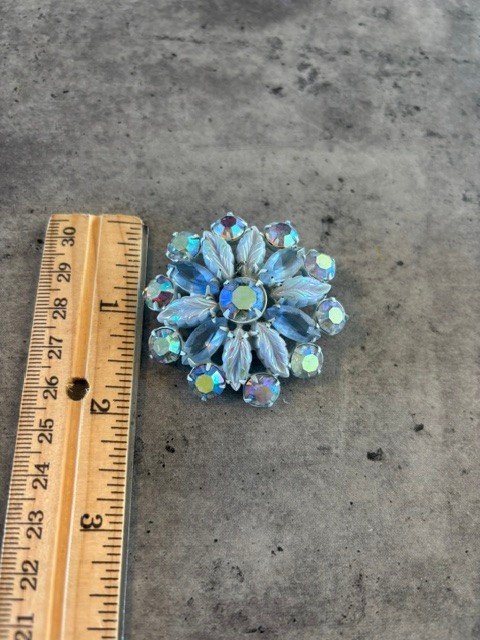 Vintage Blue Rhinestone Brooch Flower and Leaves Blue Floral