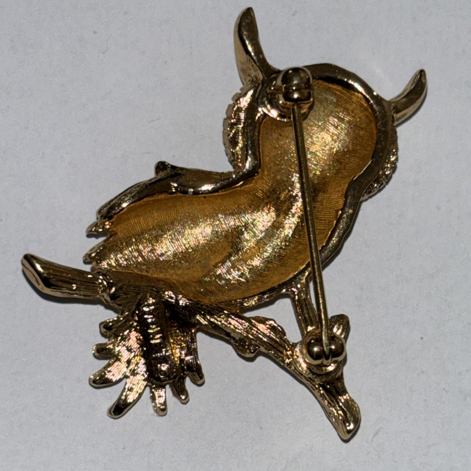 Vintage MONET Owl Brooch Pin with Green Rhinestone Eyes Gold Tone Setting