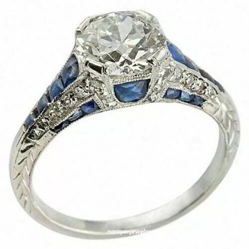 Vintage Art Deco 3.00CT Round Cut Diamond & Blue Sapphire women Engagement Ring