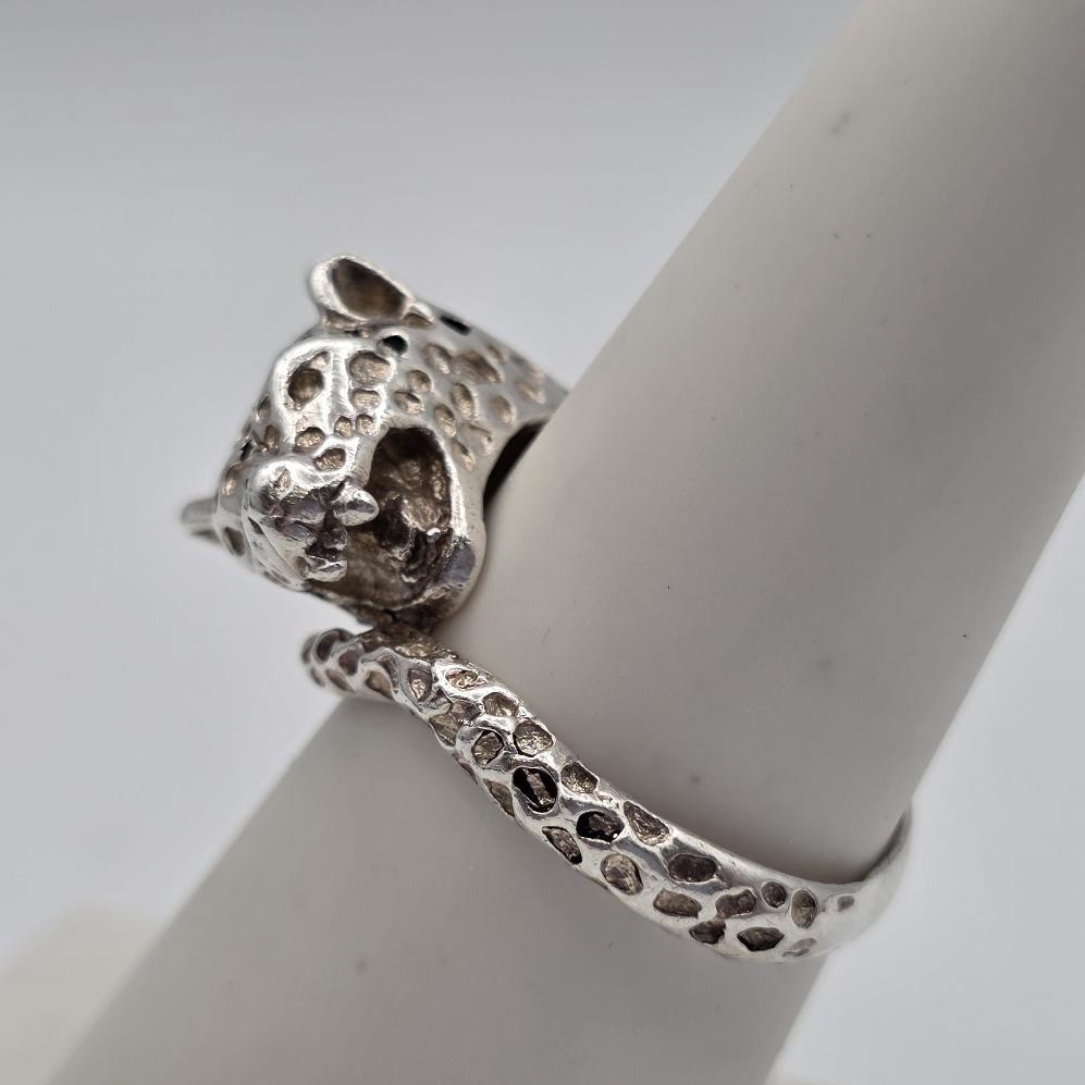 Vintage Adjustable 925 Sterling Silver Leopard Cheetah Big Cat Wrap Ring sz 7.5