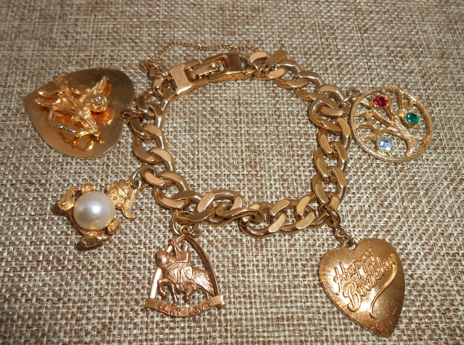 MONET Charm Bracelet & 5 Charms Birthday GF St Louis Family Tree Cupid Elf N30