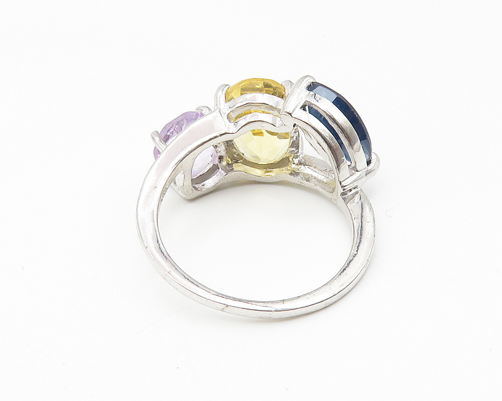 925 Sterling Silver Amethyst Citrine & Sapphire Shiny Band Ring Sz 7 RG10547