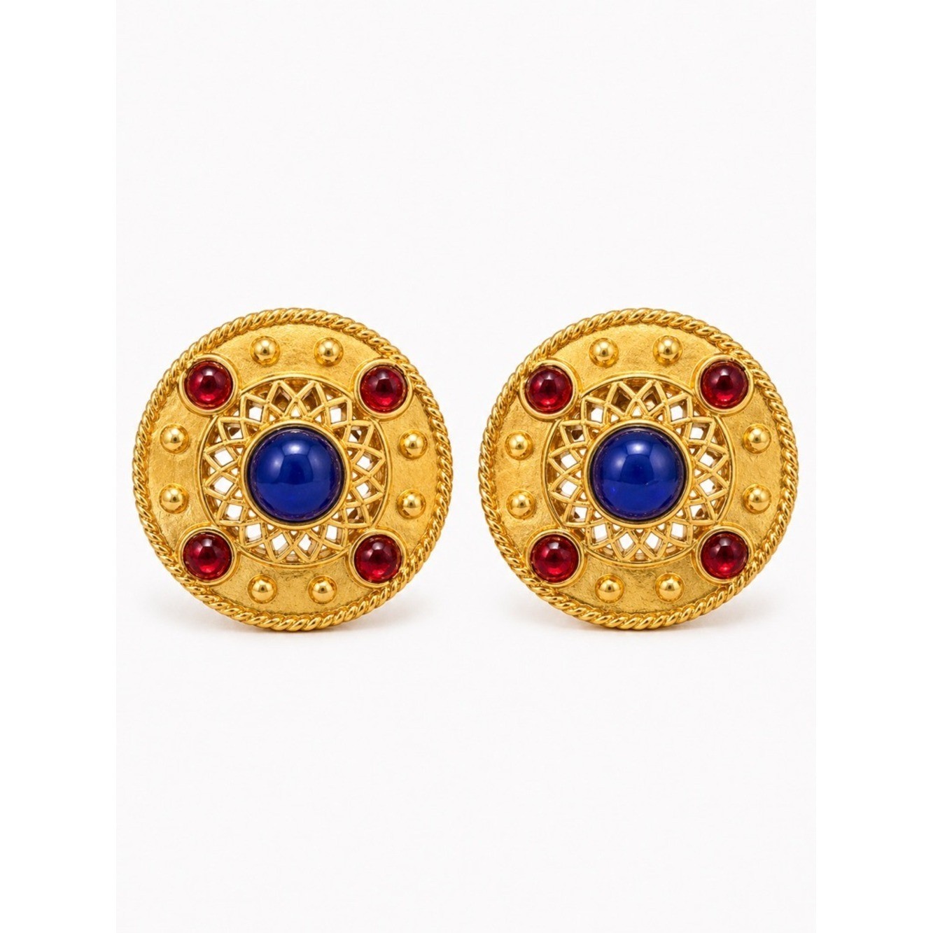 Vintage Style Gold Tone Statement Earrings Red Blue Cabochon Medallion Stud
