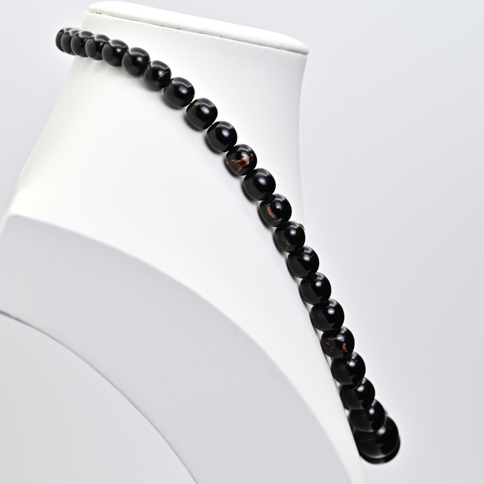 Original Vintage Black Onyx Amber Nephrite Jade Beaded Gemstone Estate Necklace