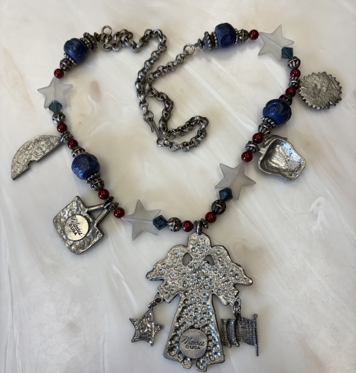 Marcie Signed 27” Pewter Charm & Beads Necklace PATRIOTIC Angel Picnic Sunflower
