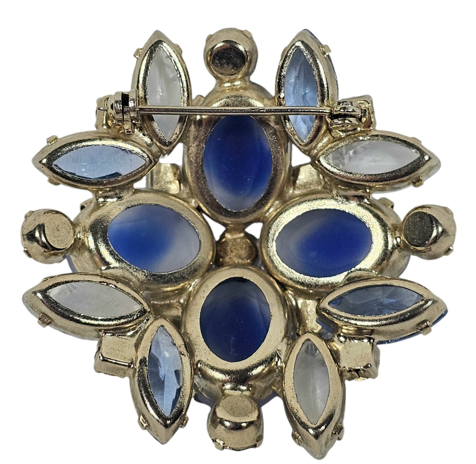 Vintage Unsigned Grosse Art Glass Snowflake Brooch Blue & White Rhinestones