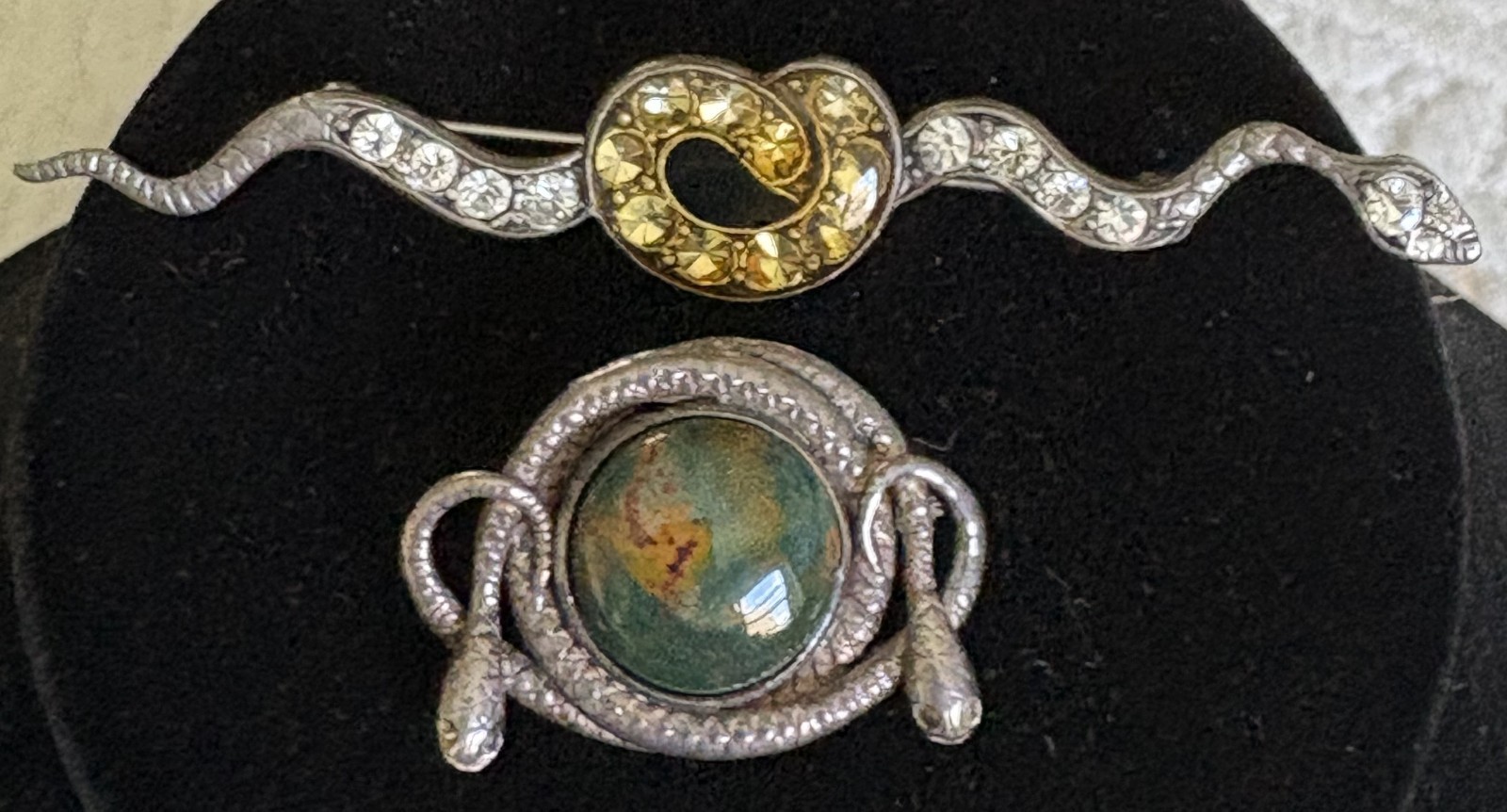 VINTAGE STERLING AND SILVER SNAKE BROOCHES (2) W/TURQUOISE AND ONE W/RHINESTONES