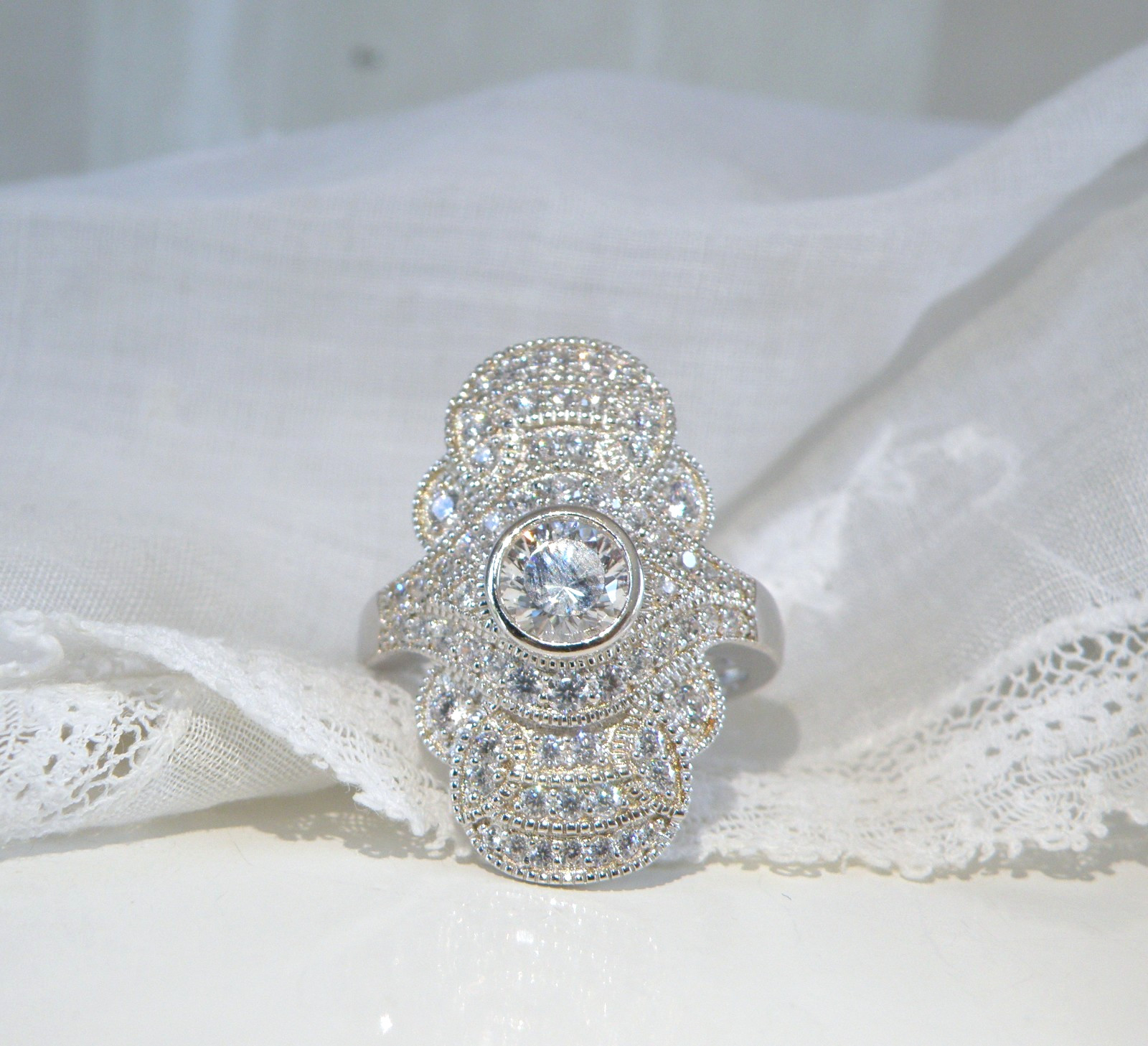 Antique Style Sterling Silver 925 CZ Victorian Ring Size 7