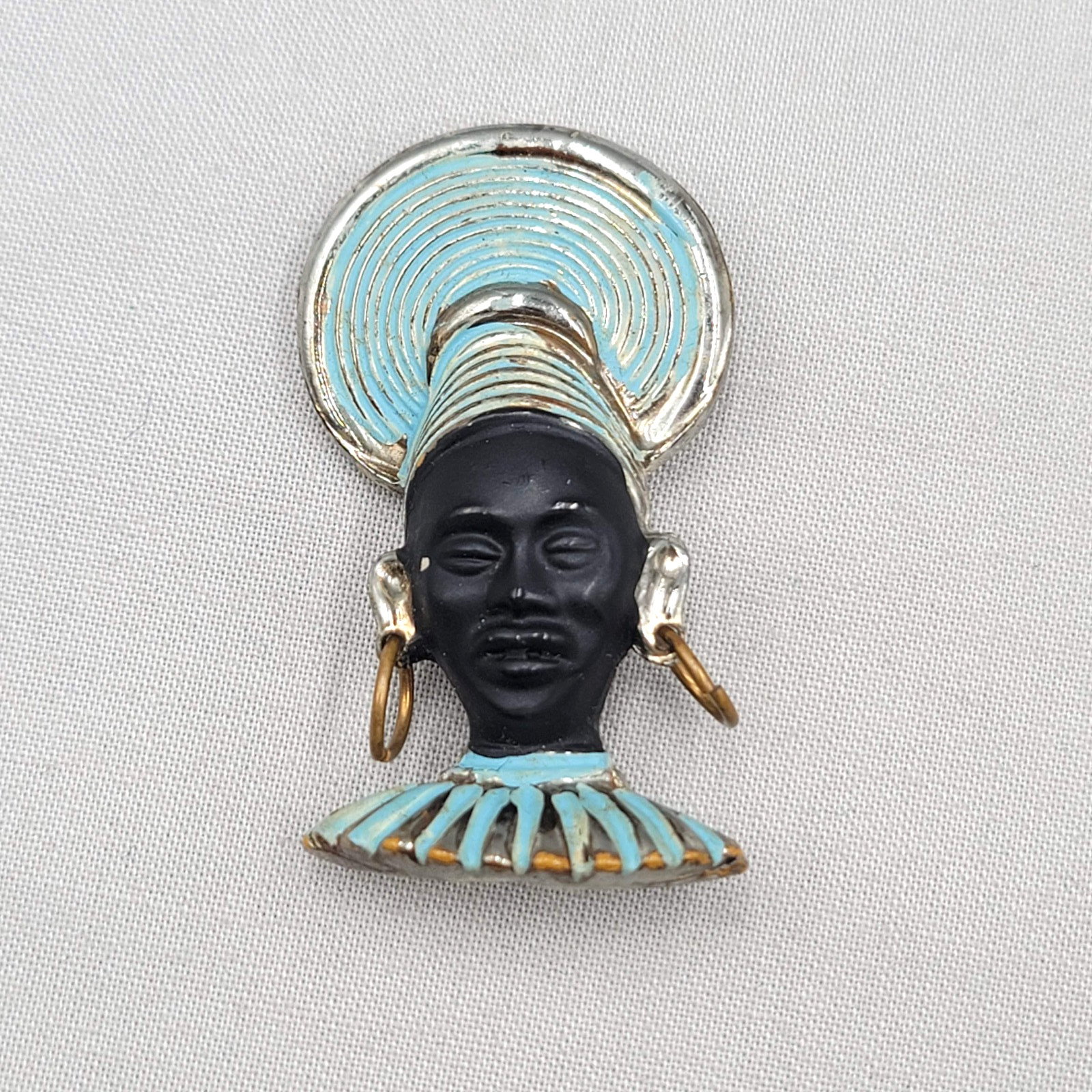 Vintage Blackamoor Brooch Art Deco African Princess Earrings Blue Enamel 2″