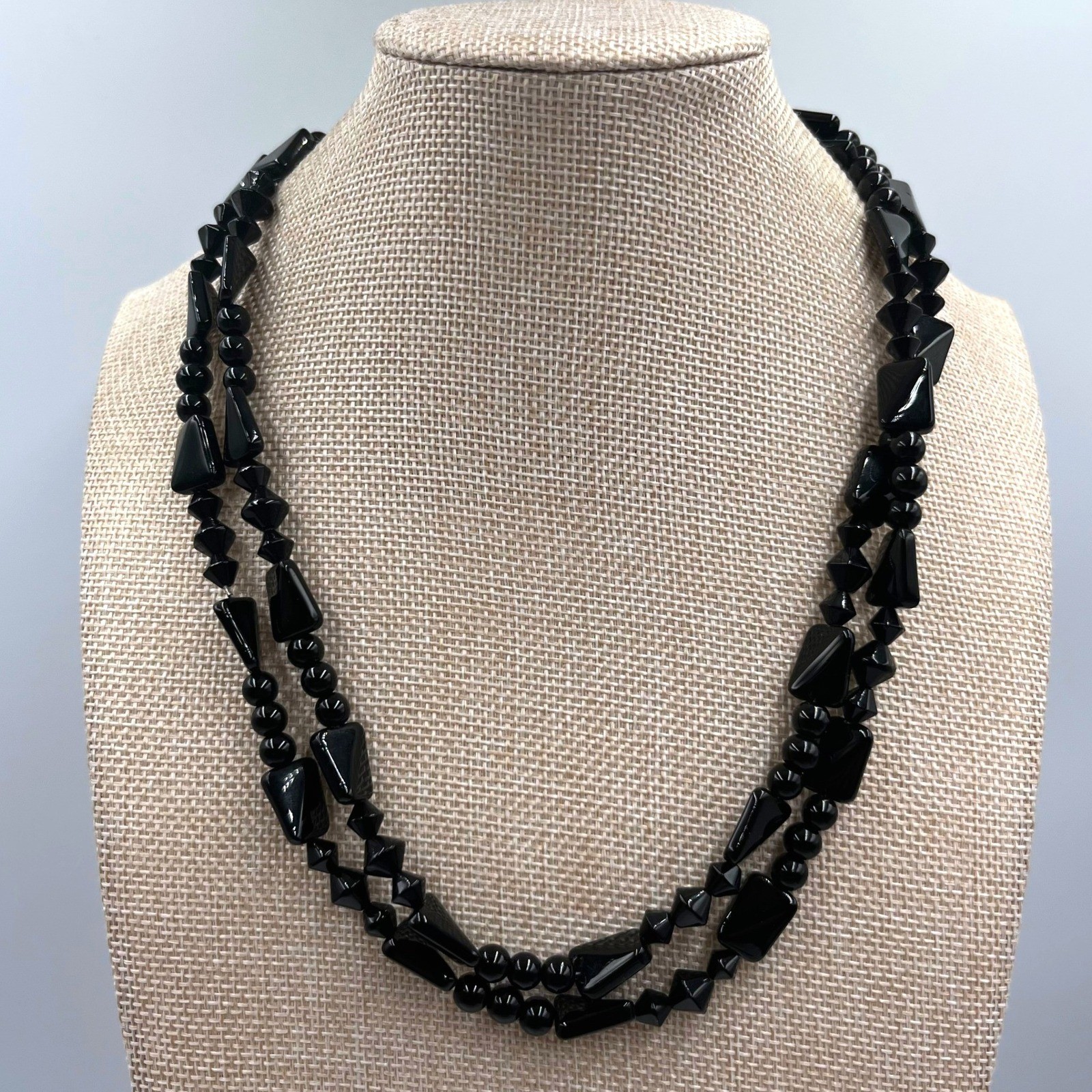 Vintage Double Strand Jet Black Beaded Statement Necklace Mixed Shapes Art Deco
