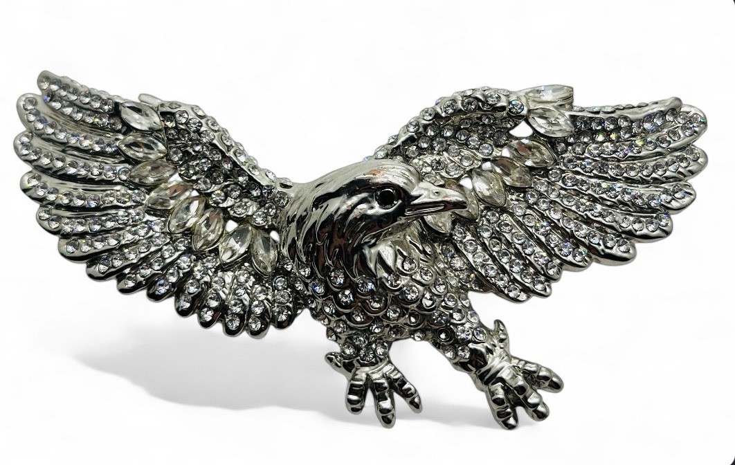Vintage 80’s Chunky Glass Rhinestone Figural Eagle Brooch Pendant Military Style