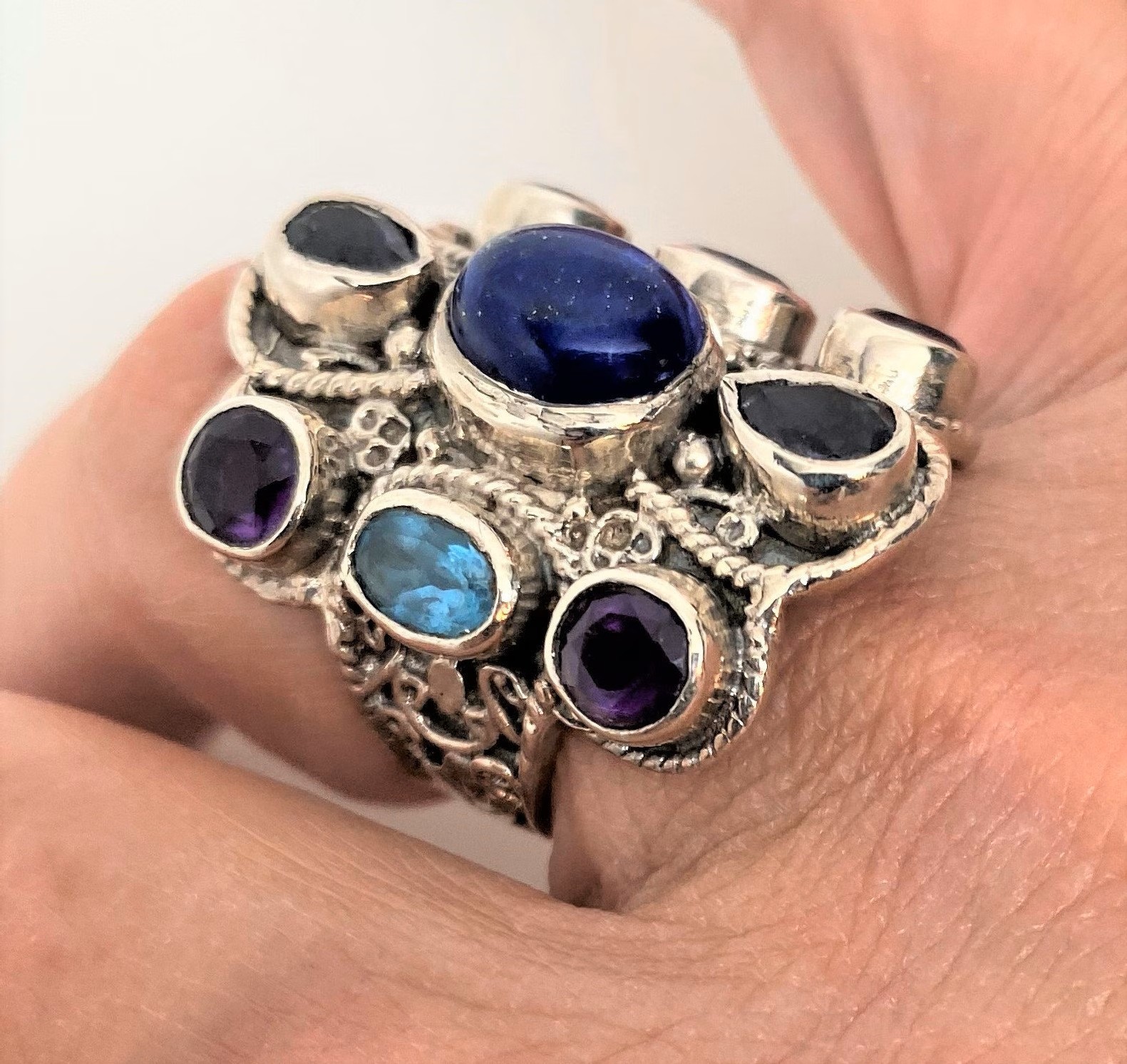 Sterling Silver .925 Lapis , Amethyst & Sapphire Cabochons Ring 8