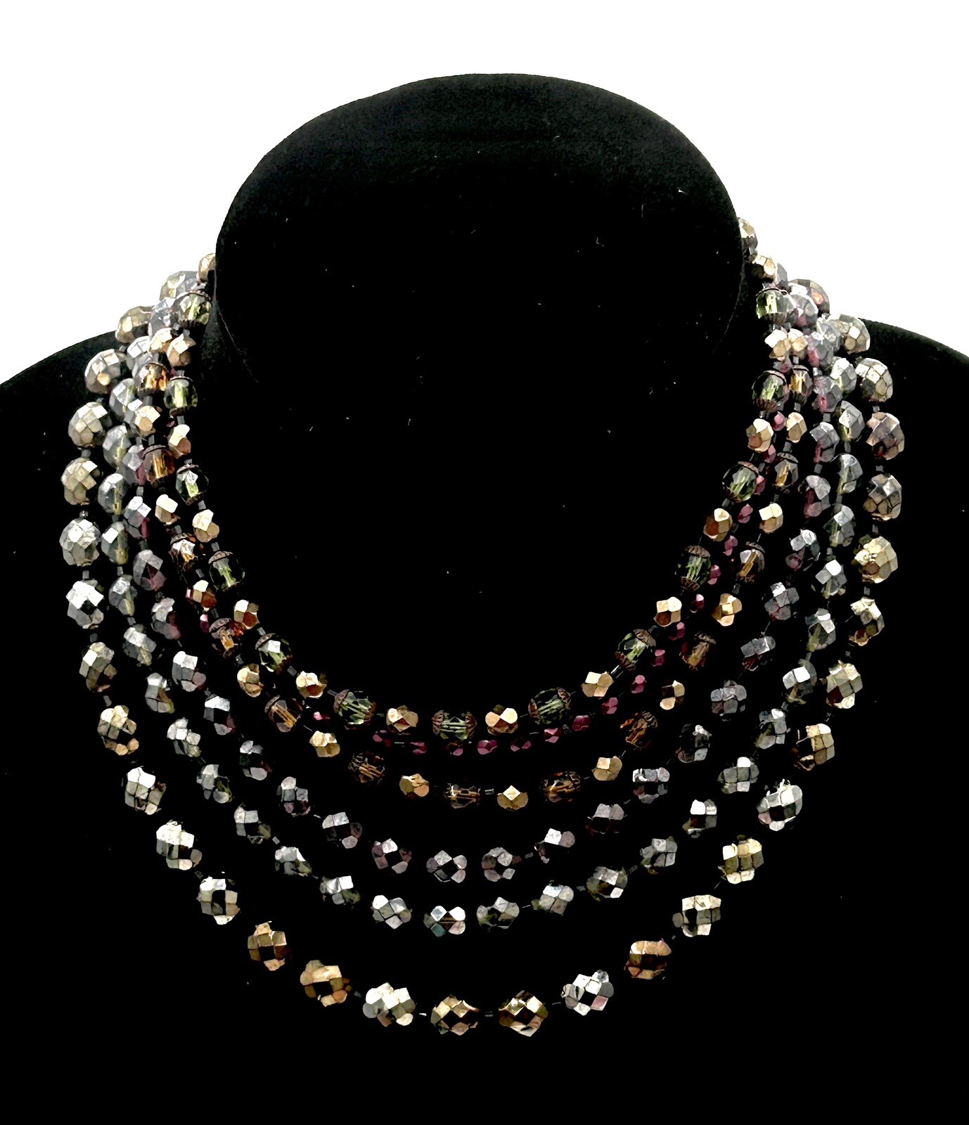 VTG Multi Strand GOLD FUMED Brown CRYSTAL NECKLACE Rhinestone Hook Clasp 1969