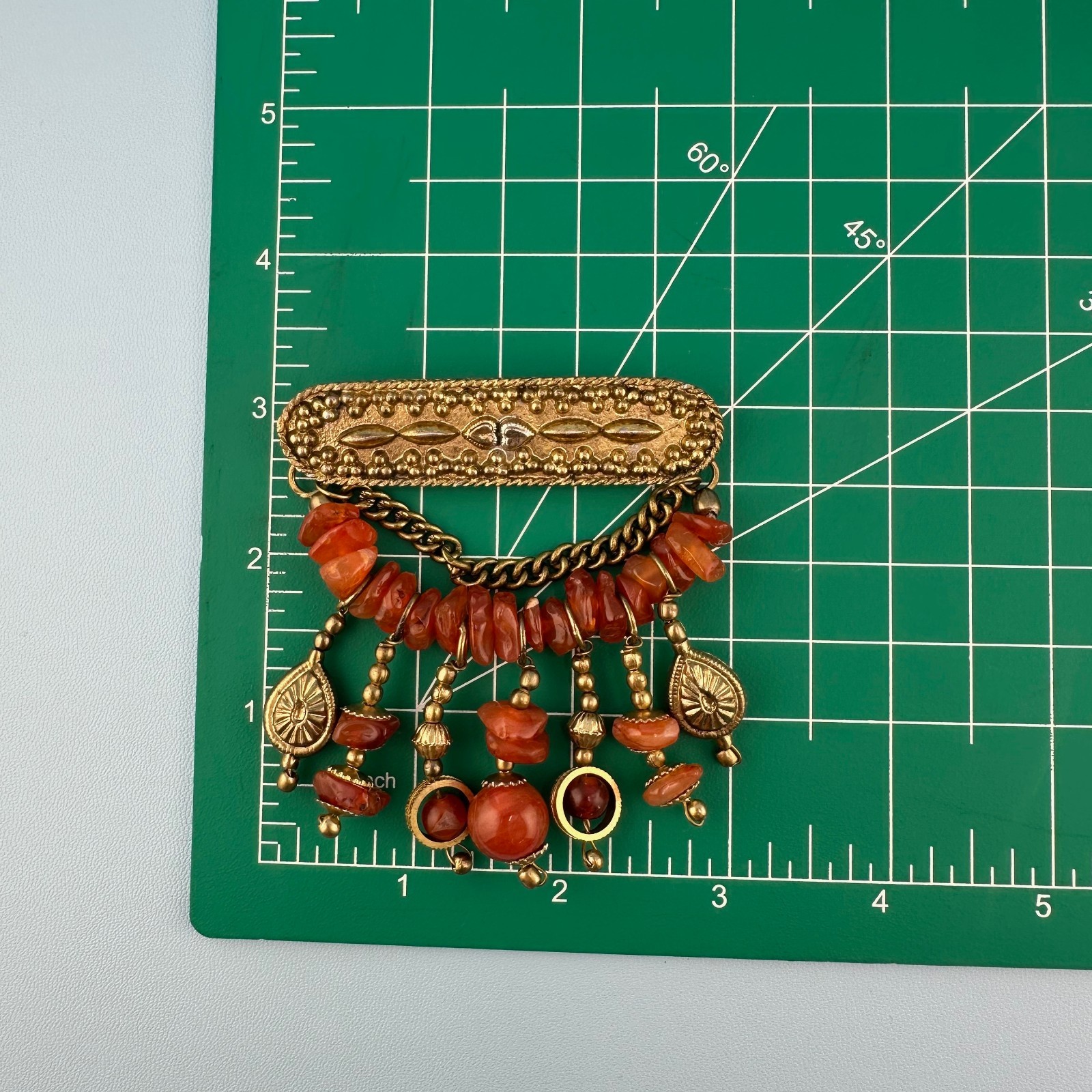 Vintage Bar Brooch Gold Tone Dangle Chains Carnelian Stone Beads Boho India