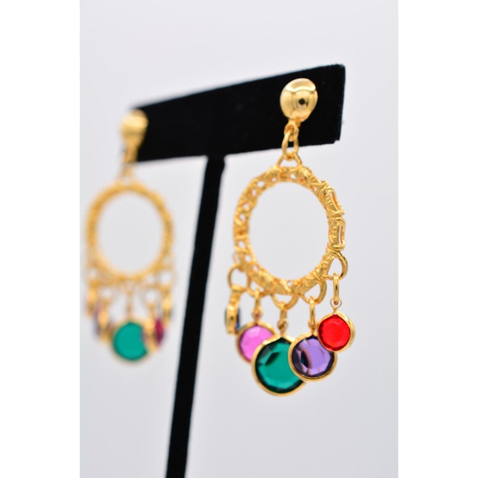 Vintage Crystal Dangle Earrings Lucite Open Bezel Multi-Color Gold NOS BinA16