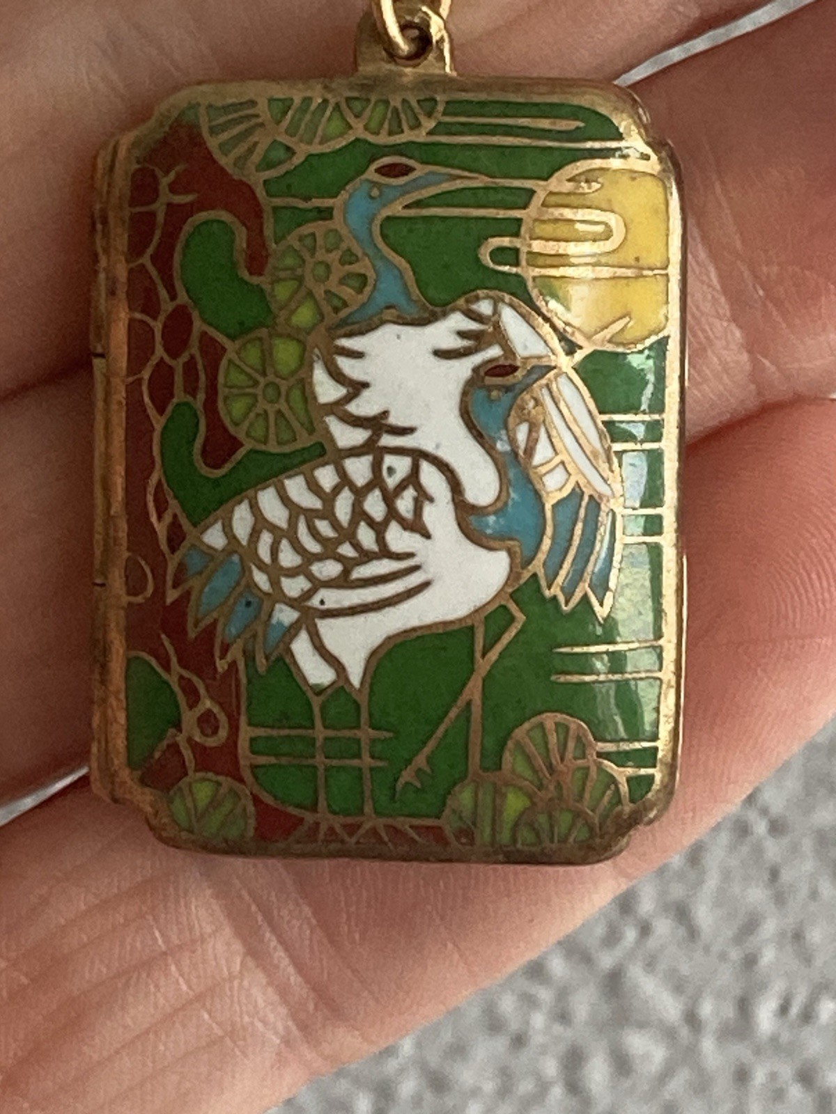 vintage cloisonne Locket Pendant trinket container necklace Stork Charm Heavy