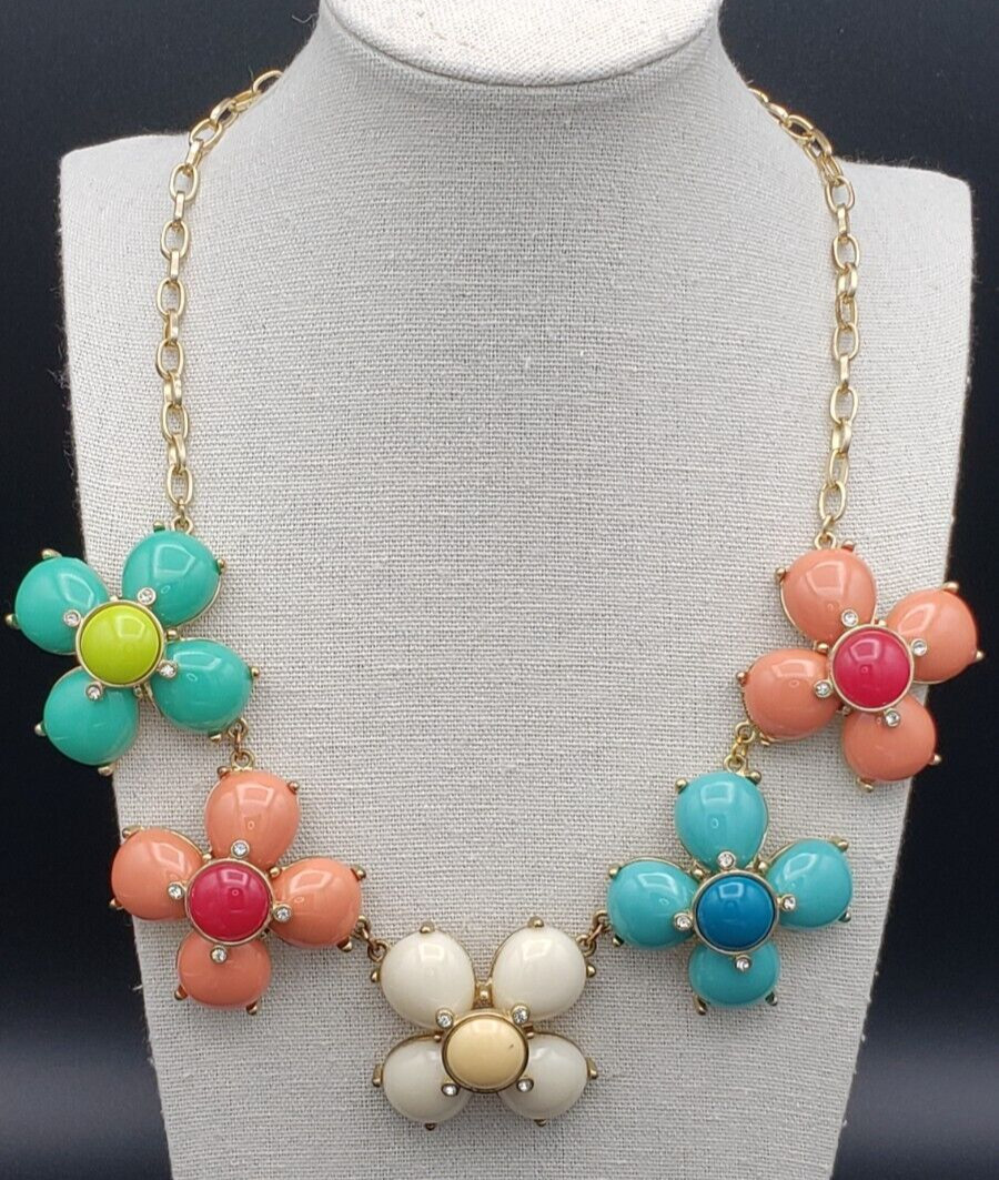 Vintage Set Flower Multicolor Gold Tone Necklace 19 + 3 in & Bracelet 7.5 in