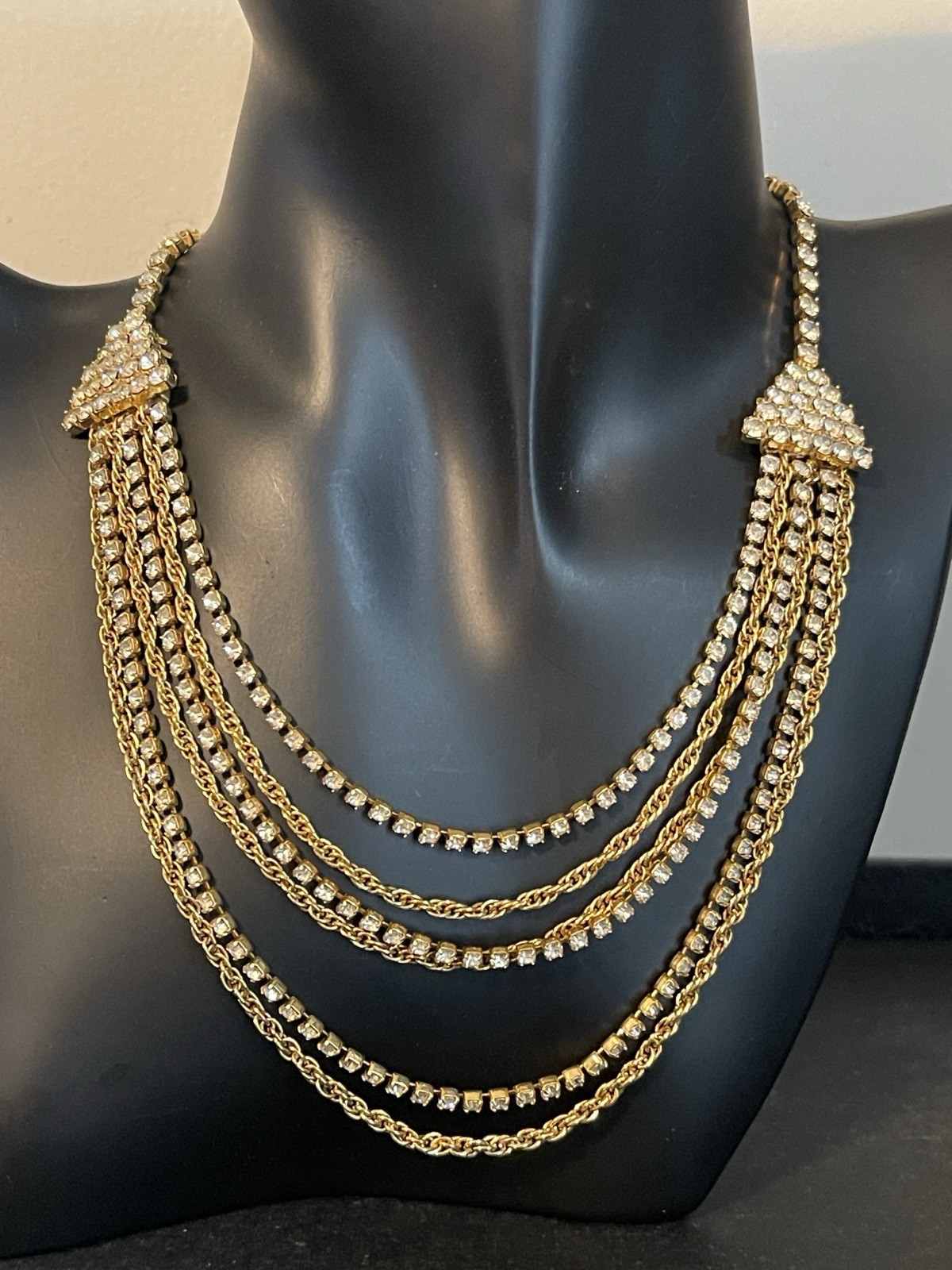 Vintage Multi-Strand Waterfall Rhinestone & Gold Chain Statement Necklace