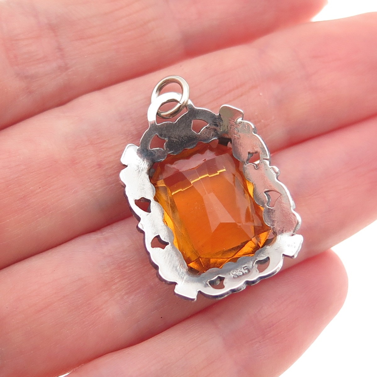835 Silver Antique Art Deco Real Citrine Floral Oxidized Charm Pendant