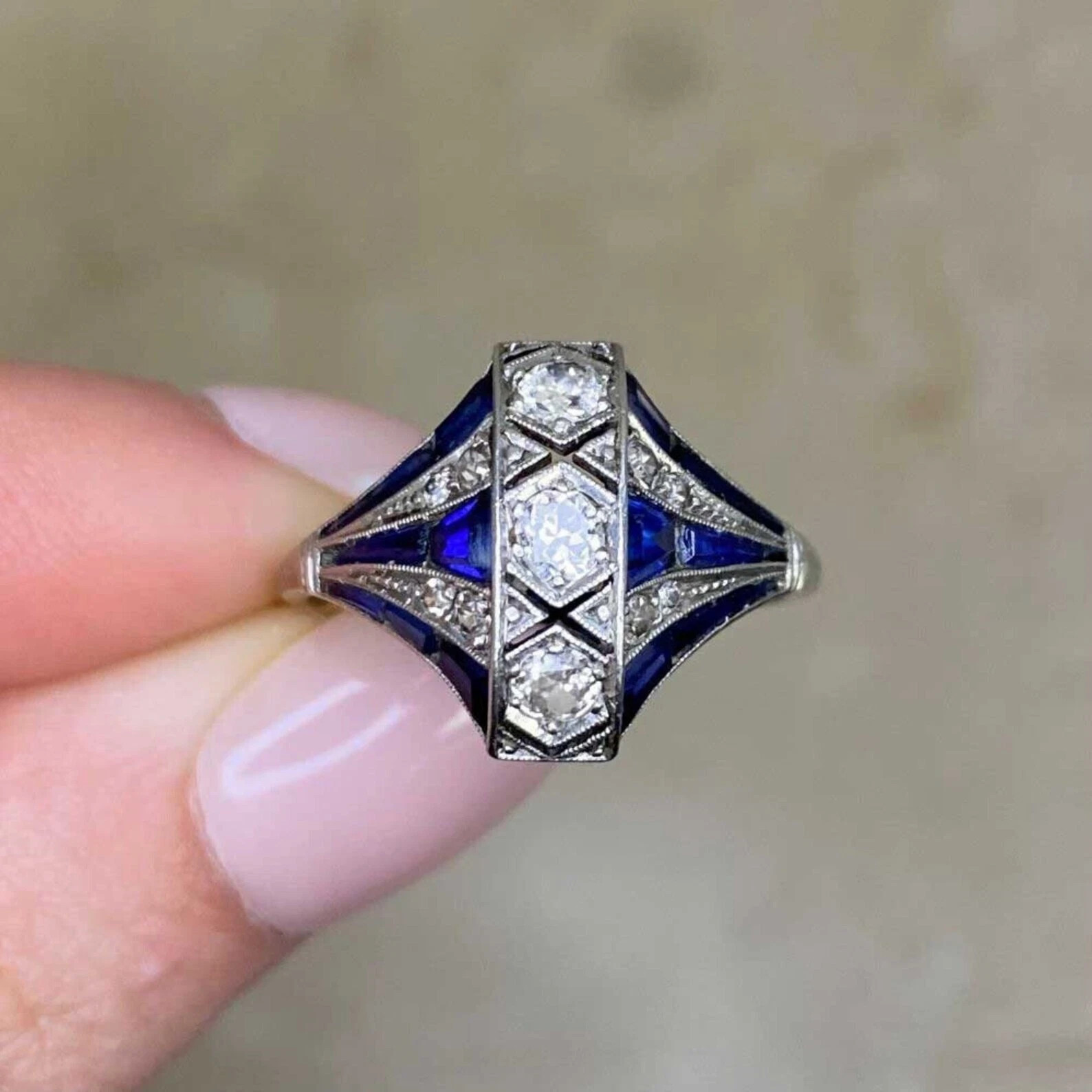 3Ct Art Deco Style Lab Created Diamond Sapphire Wedding 14K White Gold FN Ring