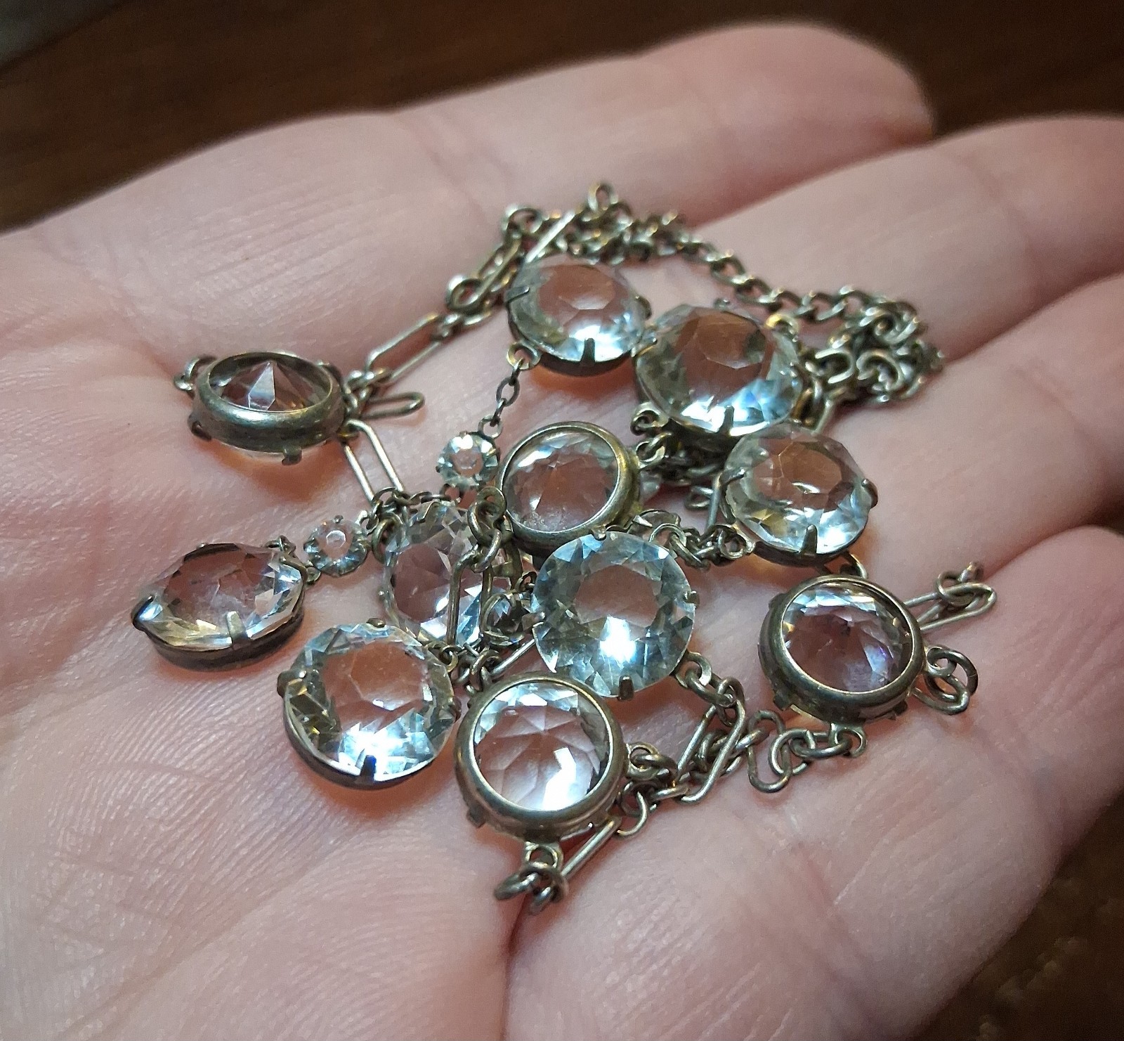 Antique Art Deco Sterling Rock Crystal(?) Necklace 19″ INCOMPLETE See Pics/Desc