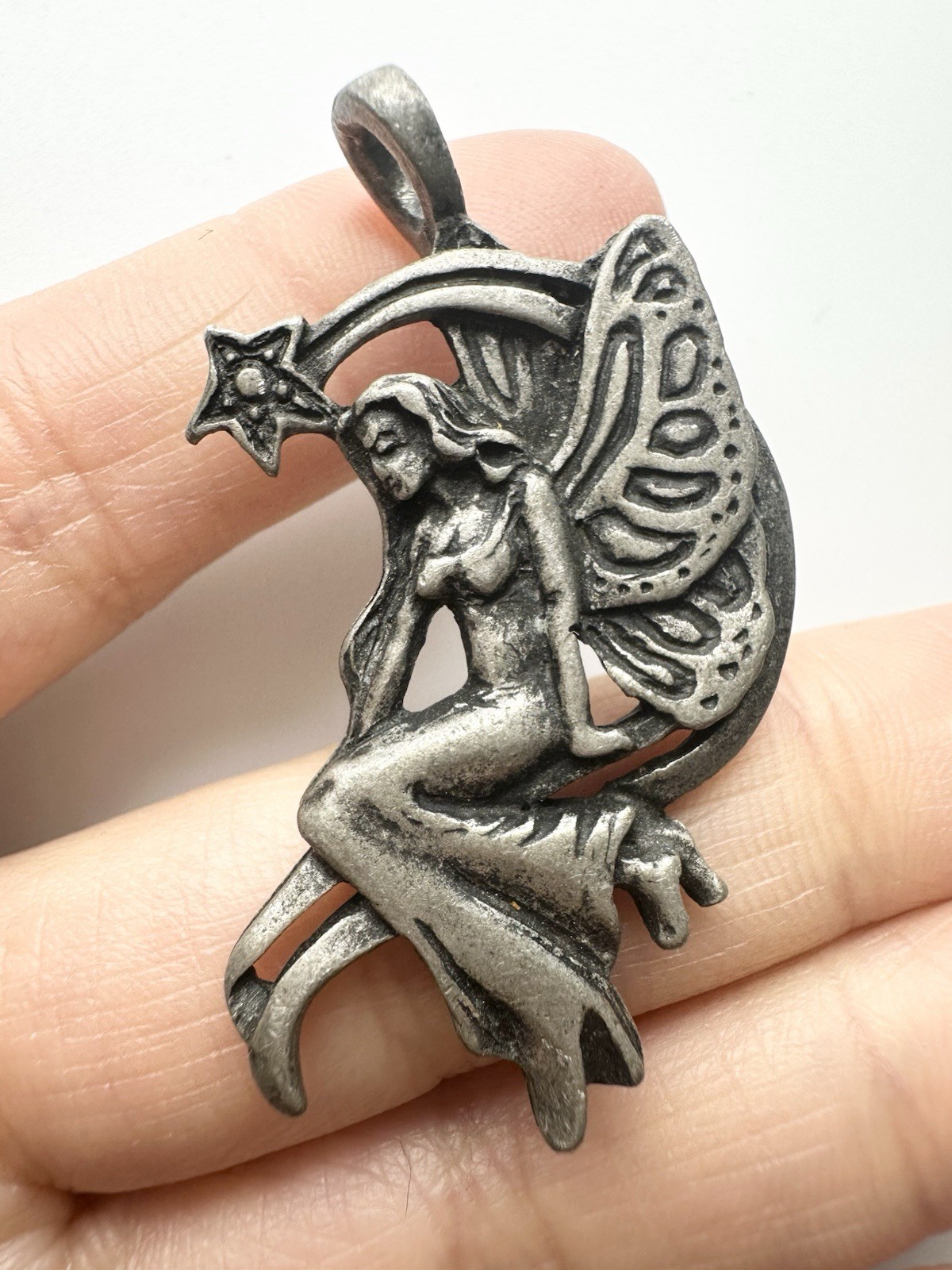 Vintage Pewter Fairy On Crescent Moon Pendant
