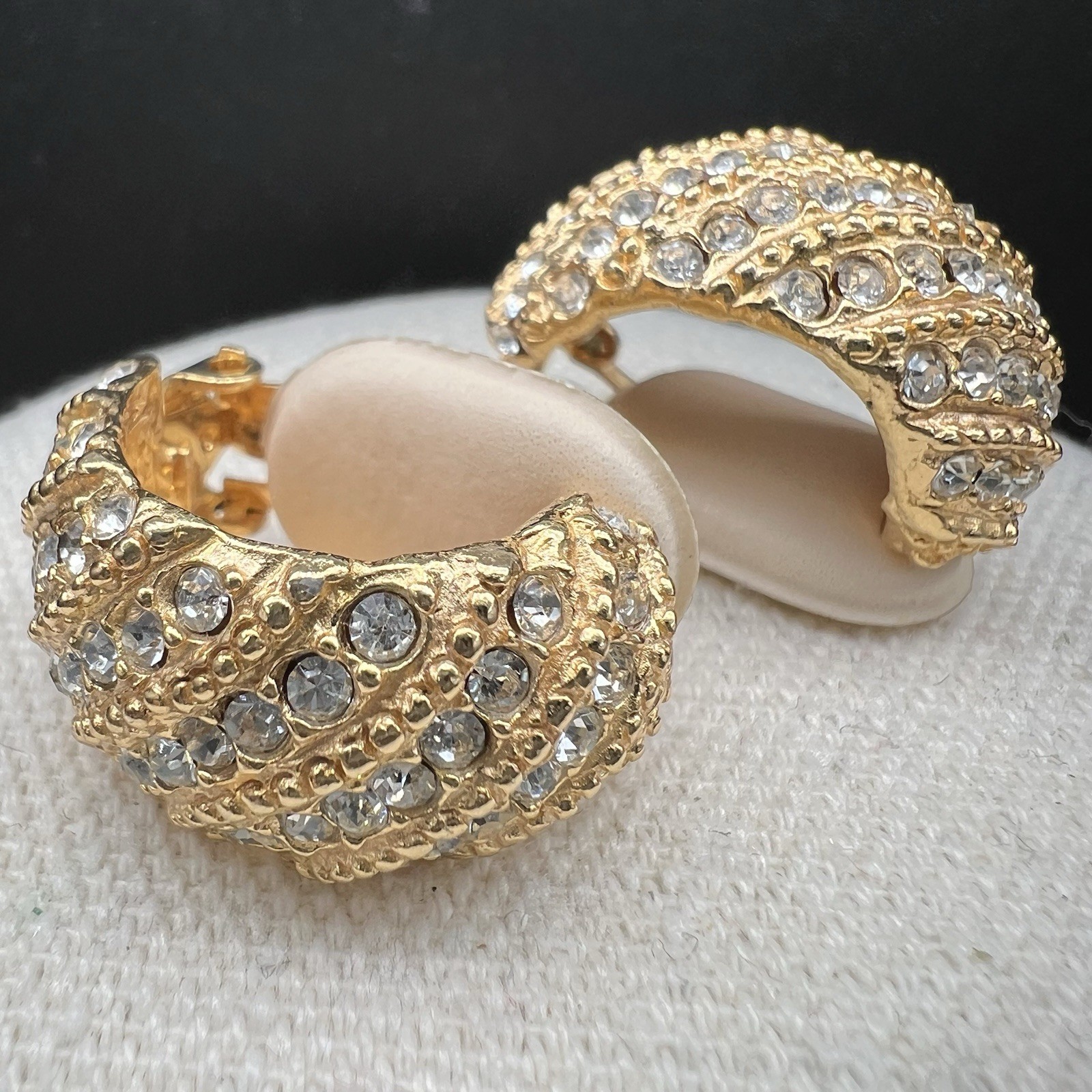 Vintage Gay Boyer Rhinestone Dome Clip Earrings Gold Tone Pave Glam Statement