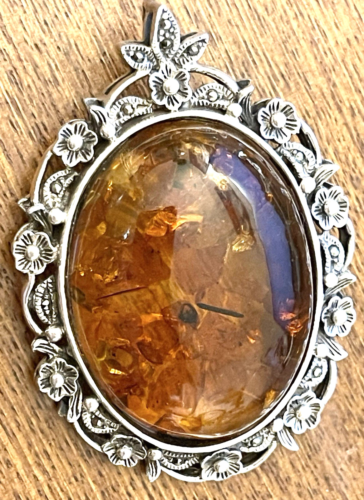 Sterling Silver w/Marcasites Amber Brooch Pendant 22.2 Grams☚☚☚👀