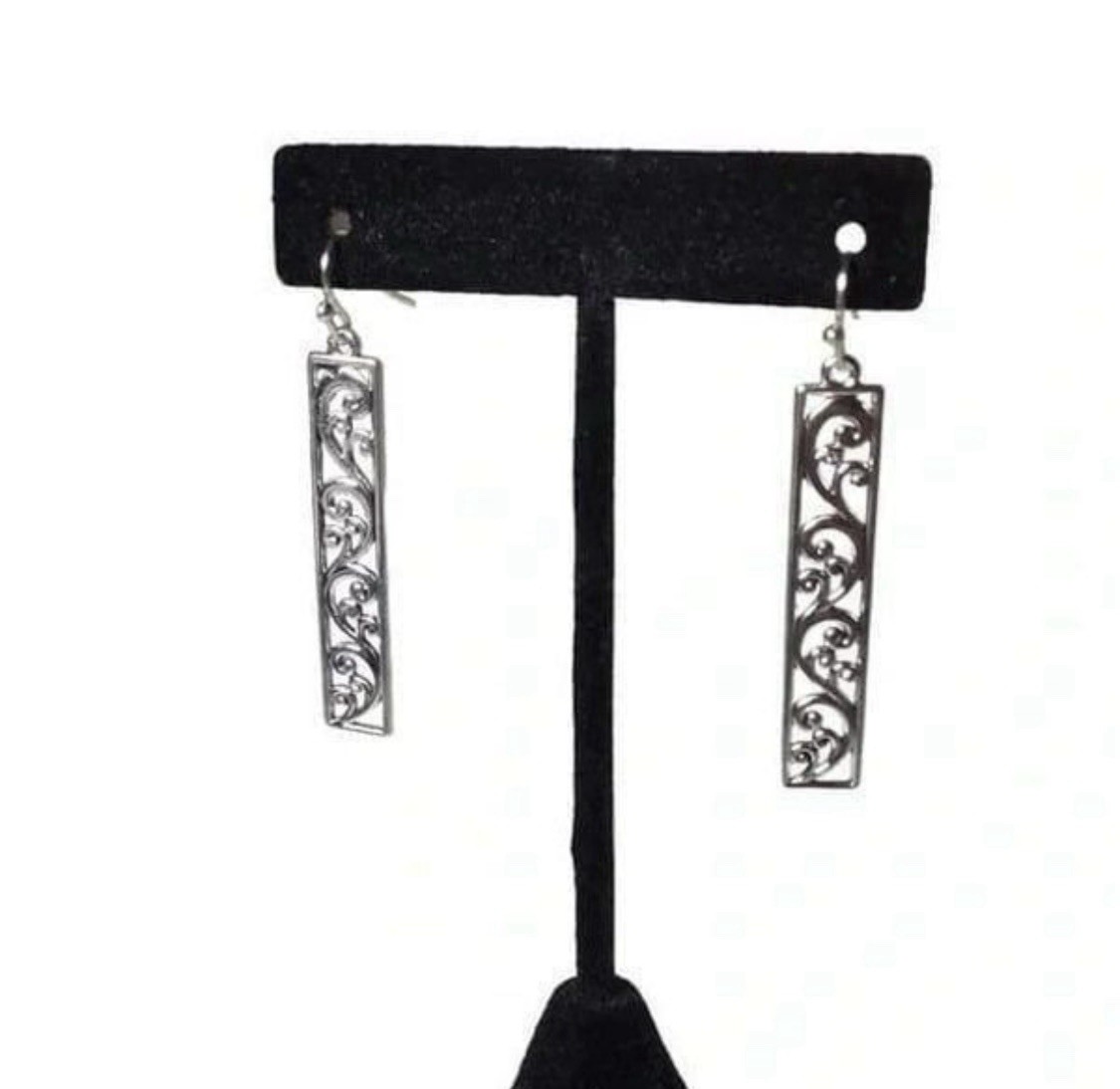 Vintage-Style Silver Tone Carved Pattern Dangle Earrings 2 Inches Zinc Alloy