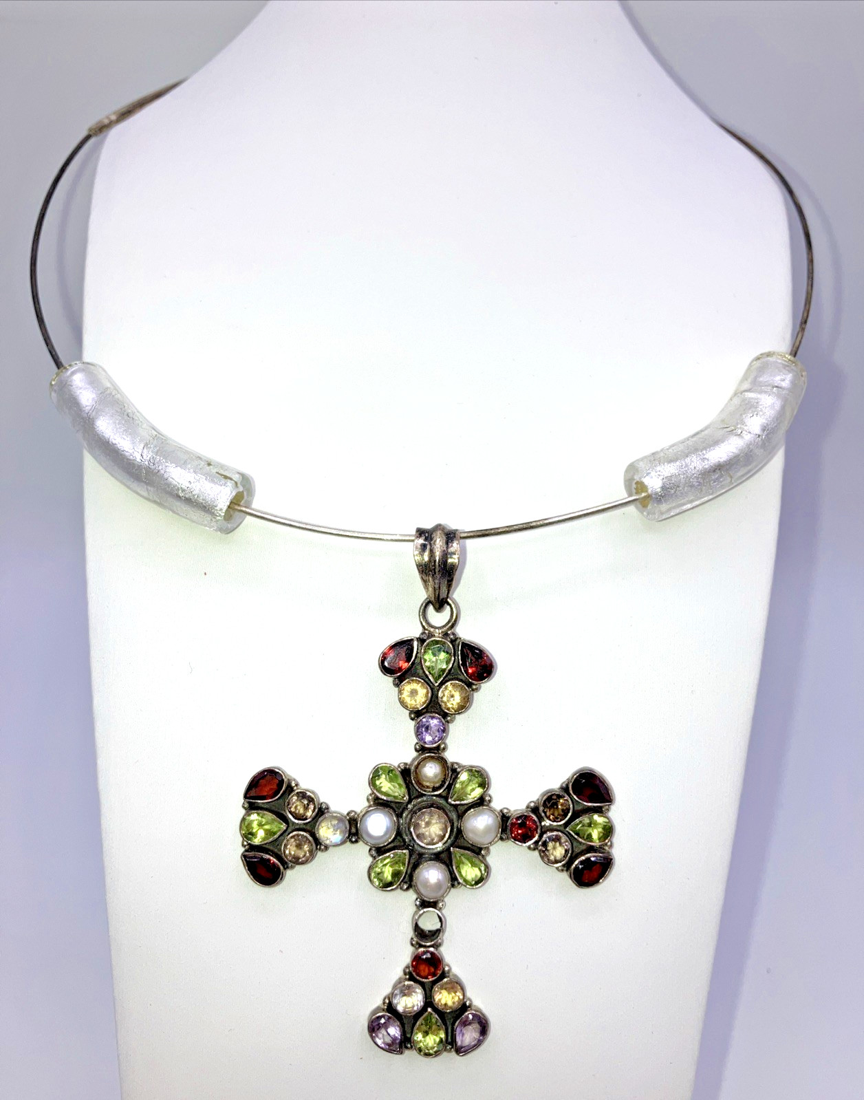 Vintage Sterling Gemstone Maltese Cross On Wire Choker Necklace Byzantine