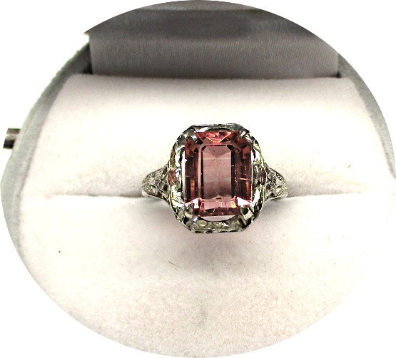 Gorgeous Rosy-Pink TOURMALINE Ring – Art Deco Filigree – 14k Solid White Gold…
