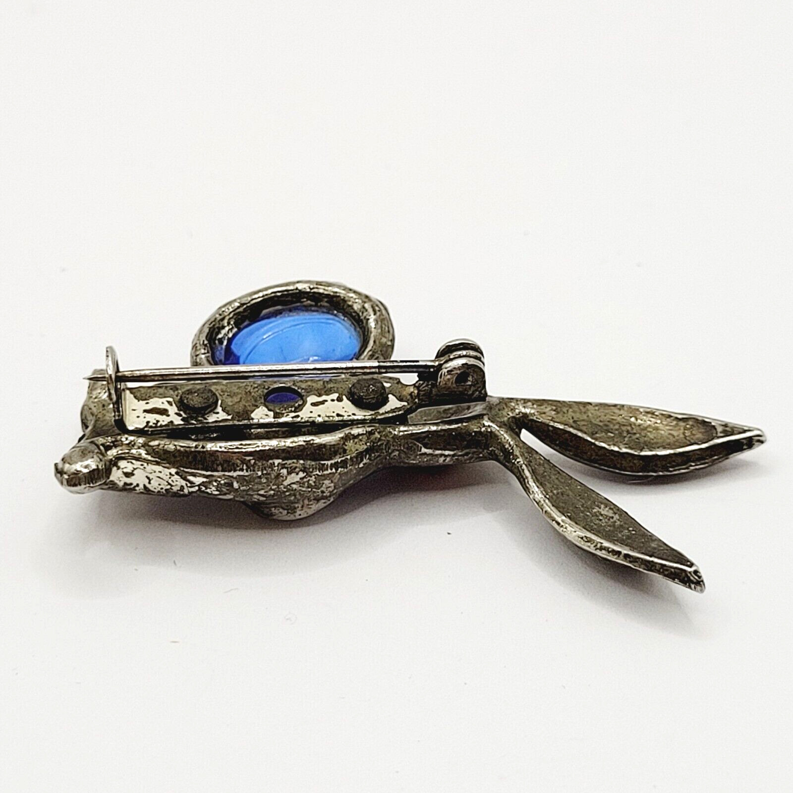 Rabbit Bunny Holding Blue Faceted Egg Silver Tone Vintage Brooch Pin Distressed
