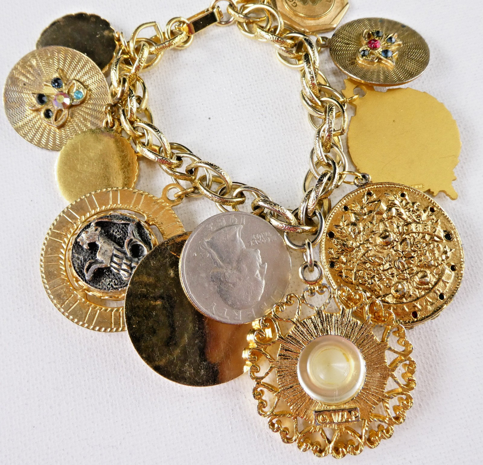 Vintage Heavy Charm Bracelet All Round Charms Gold Plated Engravable Good Luck