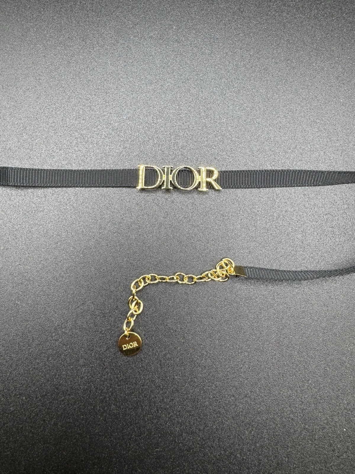 Vintage Christian Dior Black Ribbon Logo Choker Necklace Gold Tone