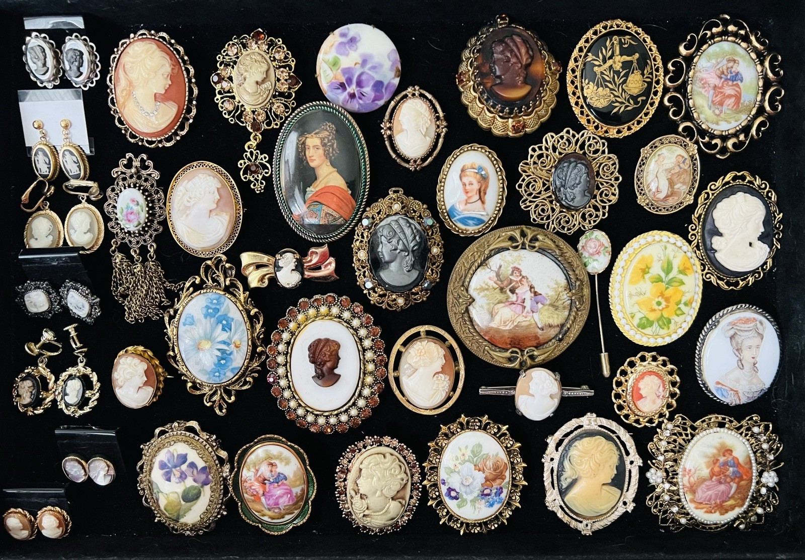 Vtg Estate Cameo Jewelry Artisan Painted Floral Romantic Victorian Revival Lot
